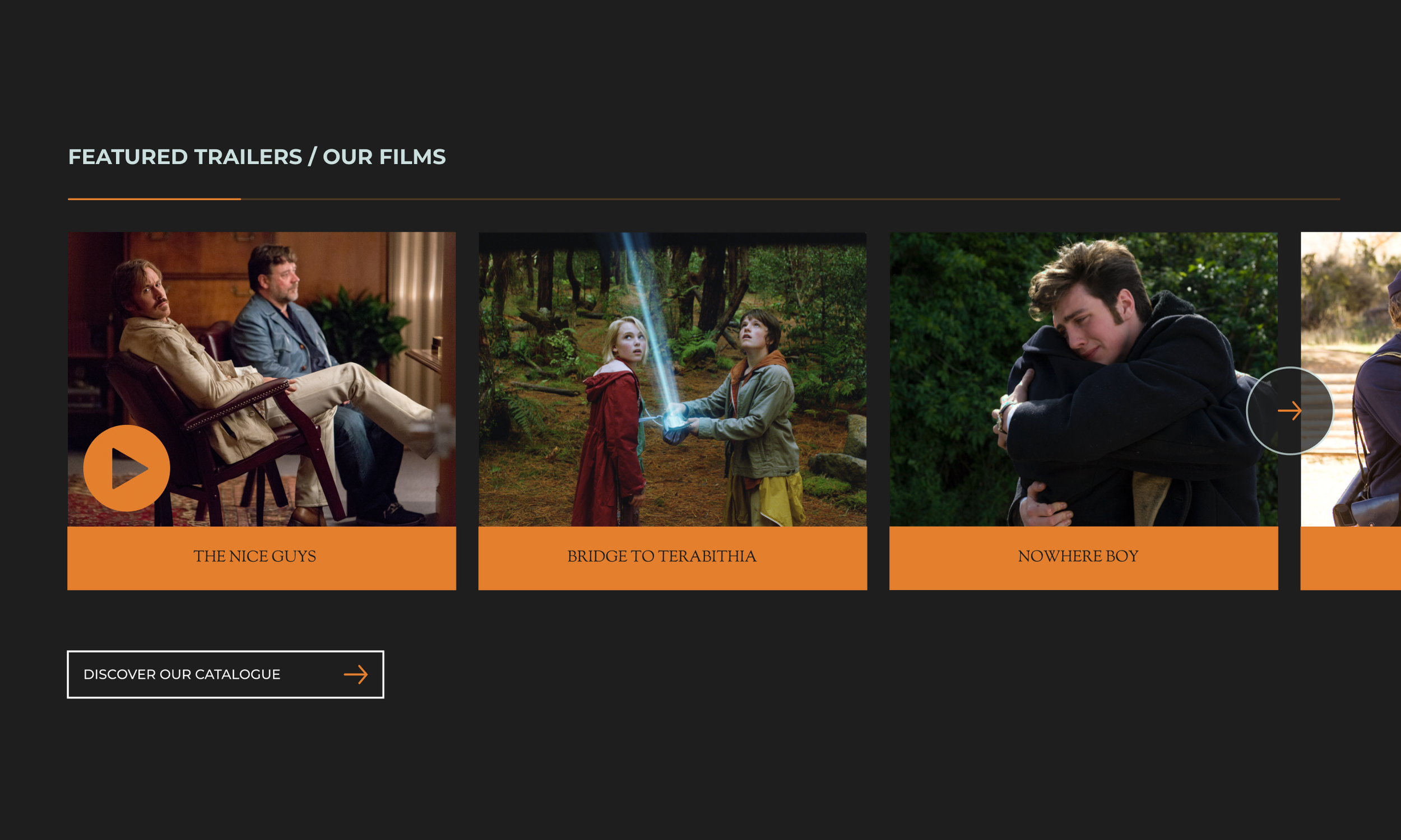 Featured trailers module with film thumbnails and carousel navigation.