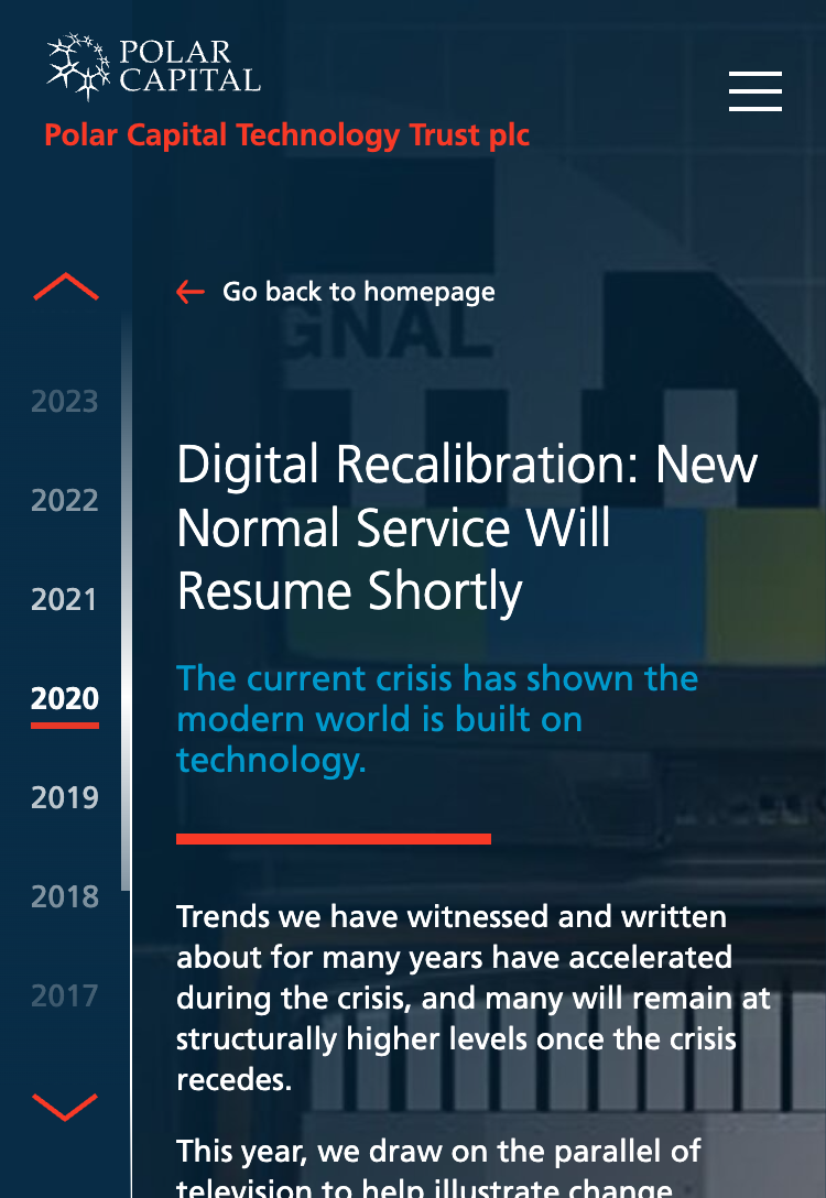 Mobile web page interface for Polar Capital Technology Trust plc featuring an article navigation sidebar, and content on digital recalibration, reflecting a modern and user-friendly design approach.