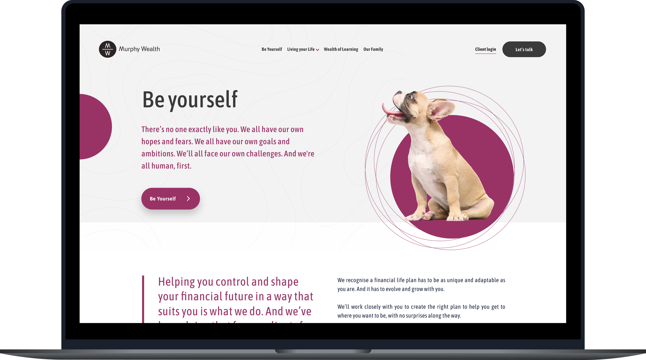 "Murphy Wealth" homepage displayed on a laptop screen, focusing on personal financial advice with a French bulldog as a visual element, set against a clean, professional background.
