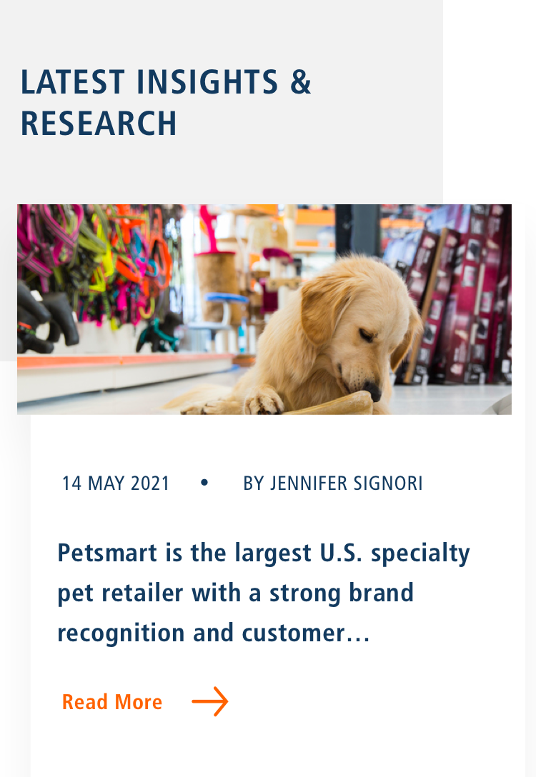 A section of a webpage titled "LATEST INSIGHTS & RESEARCH" showing a picture of a golden retriever puppy lying down in a pet store, with a caption about Petsmart by Jennifer Signori and a prompt to read more.