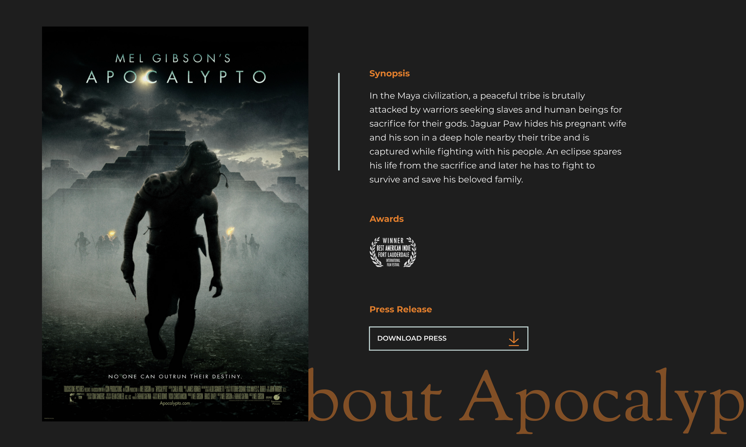 Synopsis section for Apocalypto with plot summary and details.