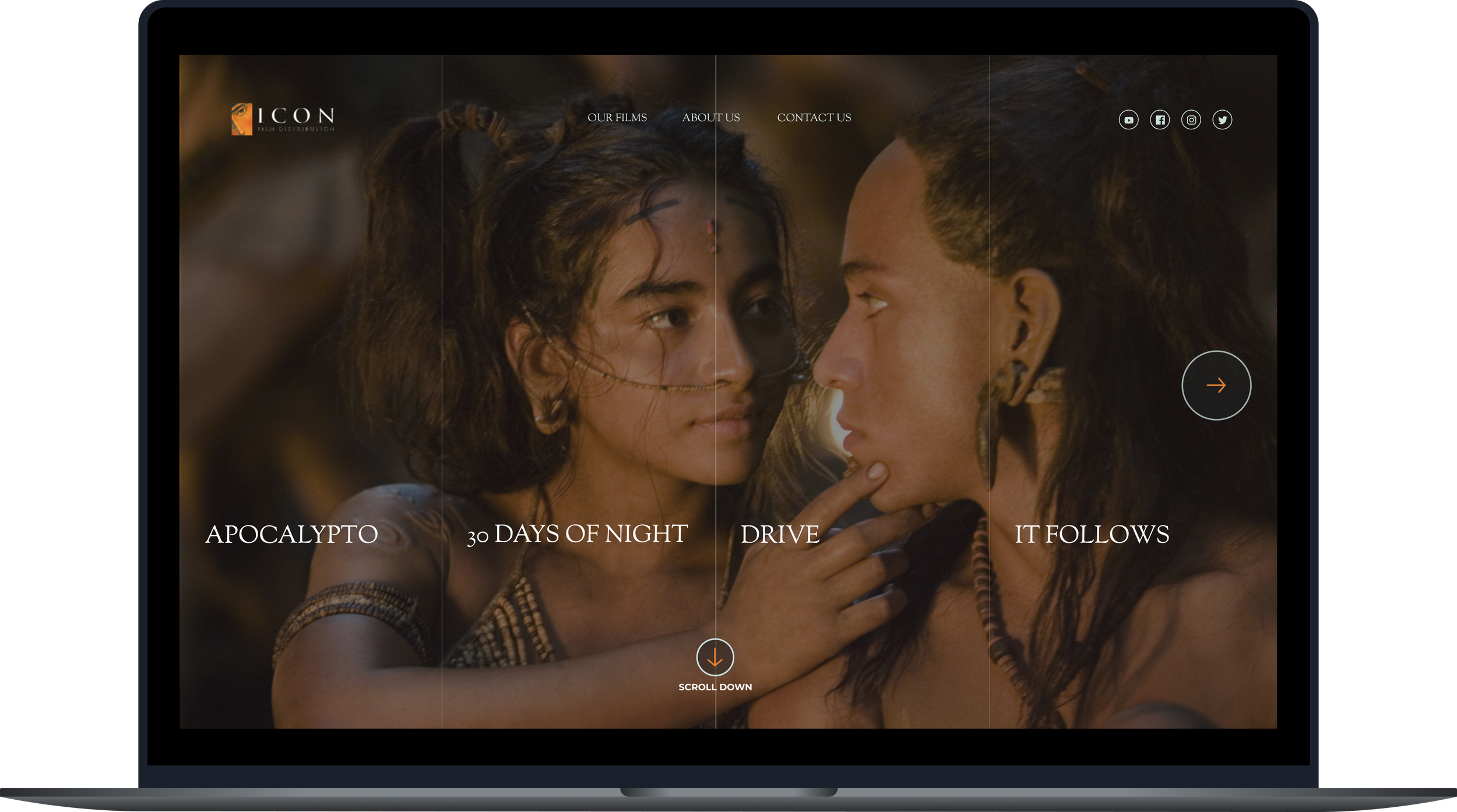 Film catalogue page showing title cards and filters on desktop.