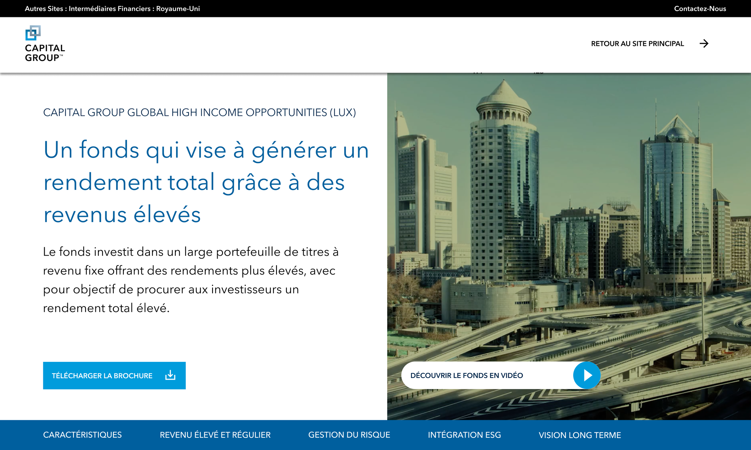 French-language Capital Group Global High Income Opportunities fund page featuring a city skyline, translated investment information and navigation.