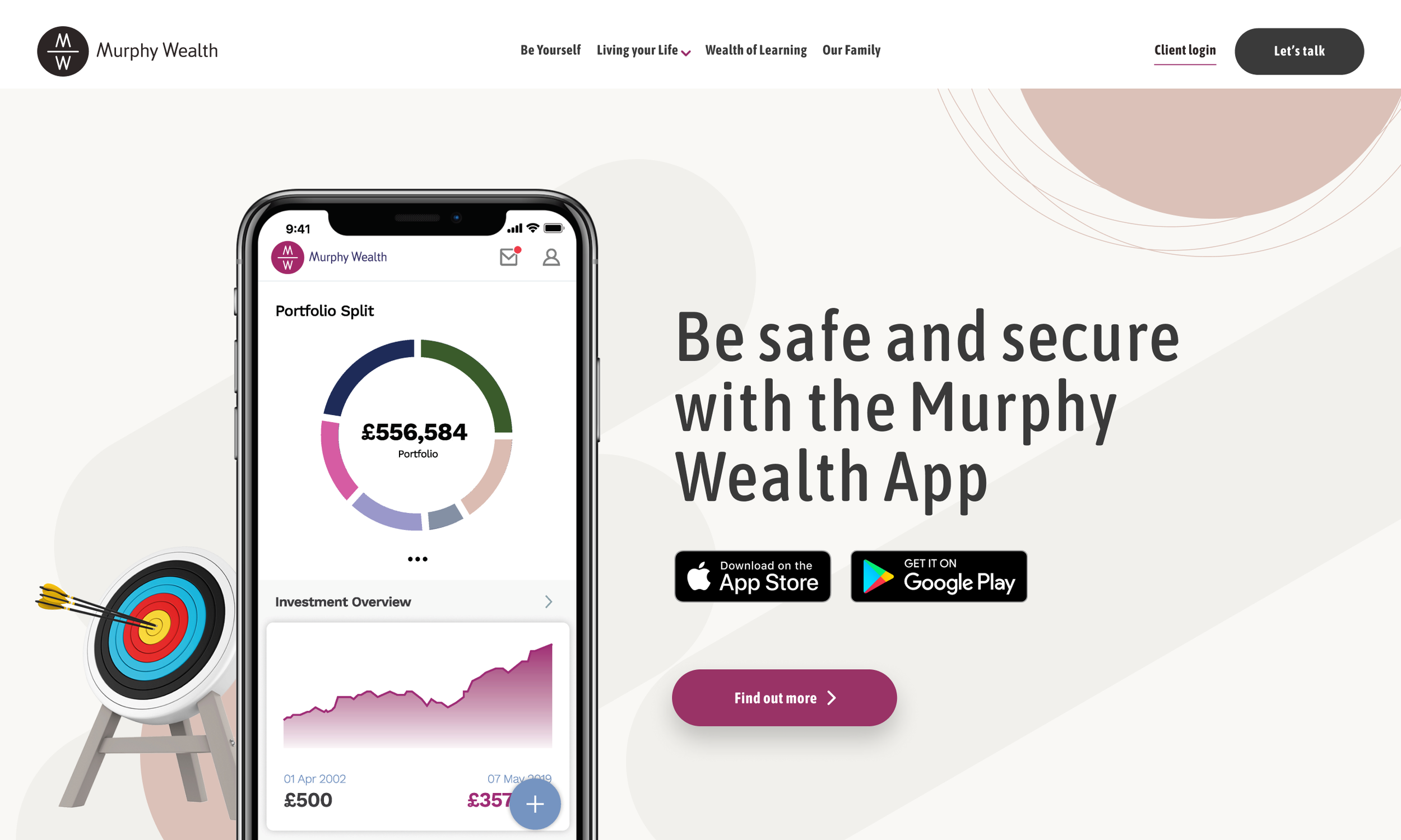 "Murphy Wealth App" promotional section on a webpage, featuring a smartphone displaying colorful financial graphs and a pie chart, adjacent to a dartboard with a bullseye, symbolizing financial target achievement.