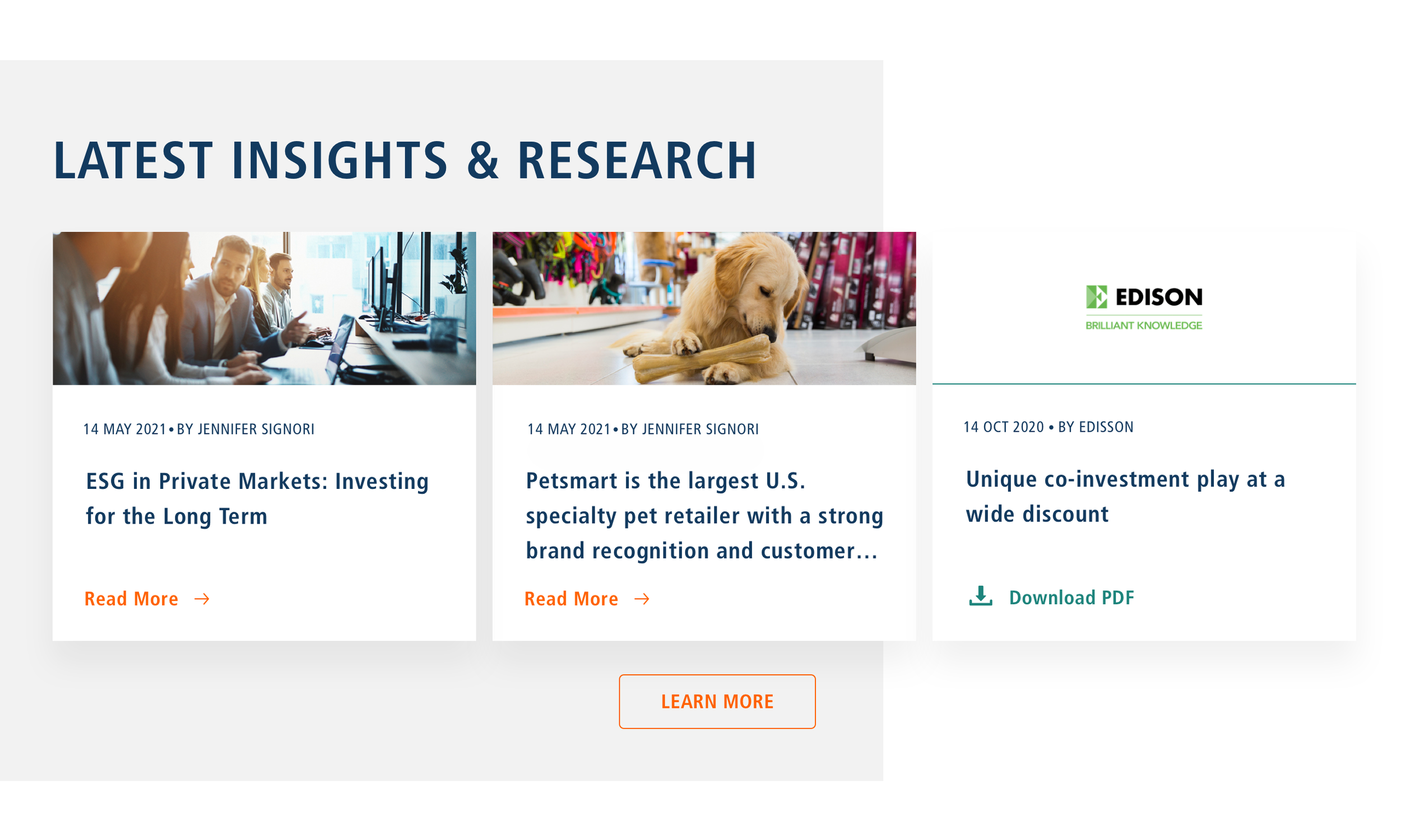 A compilation of "LATEST INSIGHTS & RESEARCH" articles featuring images and titles about ESG in private markets, a Petsmart feature, and a co-investment opportunity by Edison, with a visual theme of professional settings and research focus.