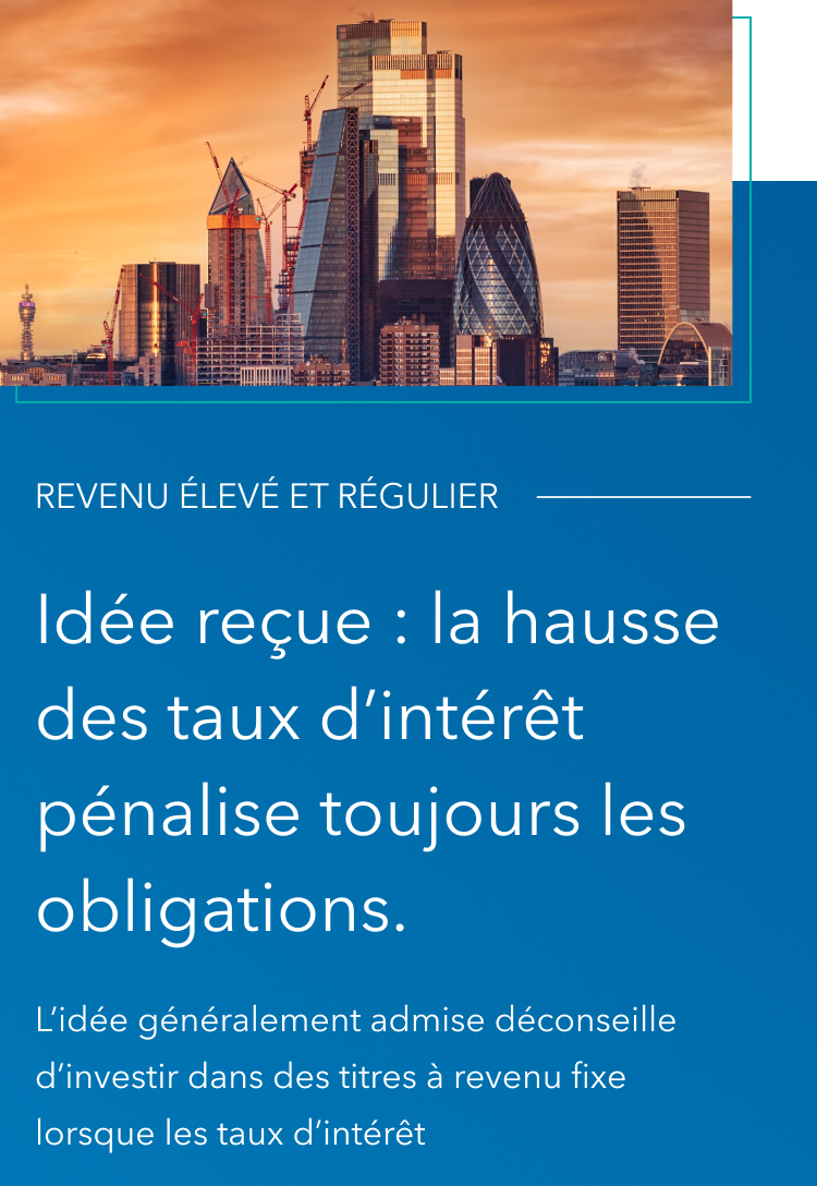 French-language Capital Group mobile screen featuring a London skyline and an article challenging misconceptions about rising interest rates and bond investments.
