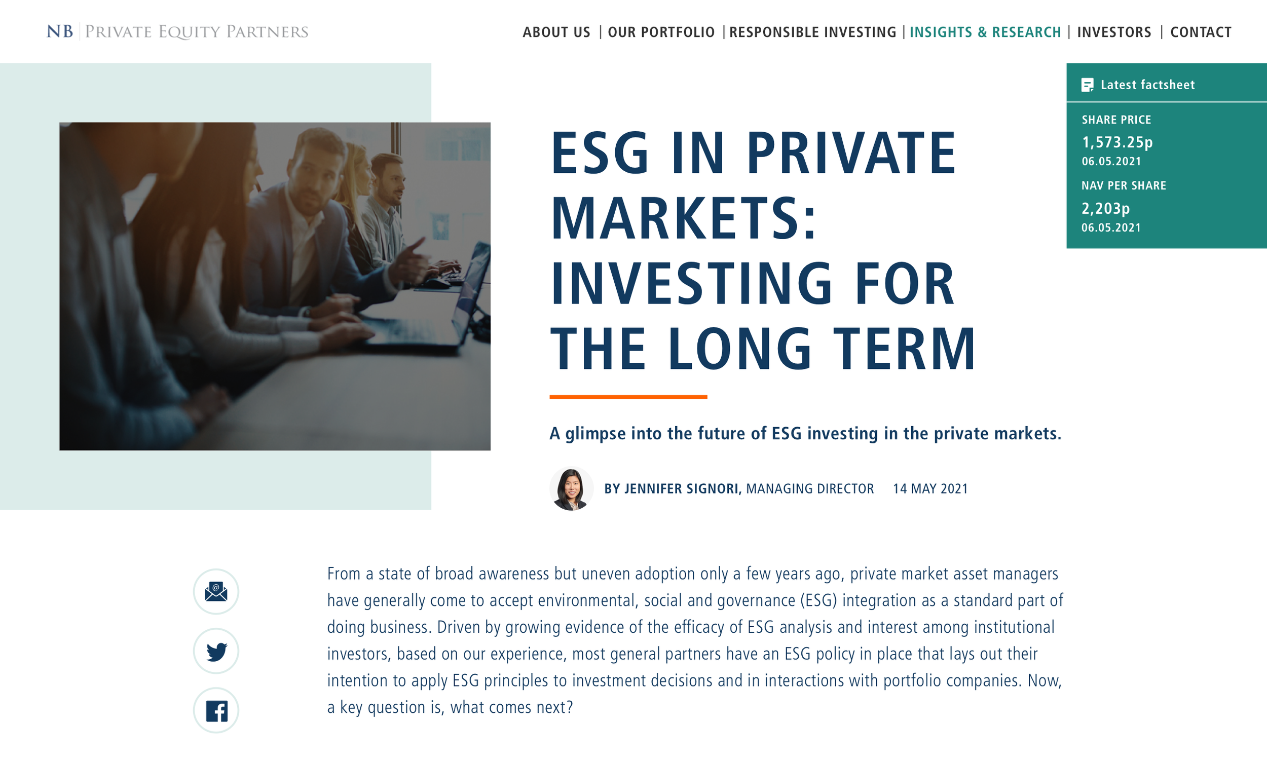 A fullscreen shot of a financial webpage with a navigation bar at the top, a large title about ESG in private markets, a feature article by Jennifer Signori, and social media sharing icons, set against a background image of a corporate meeting