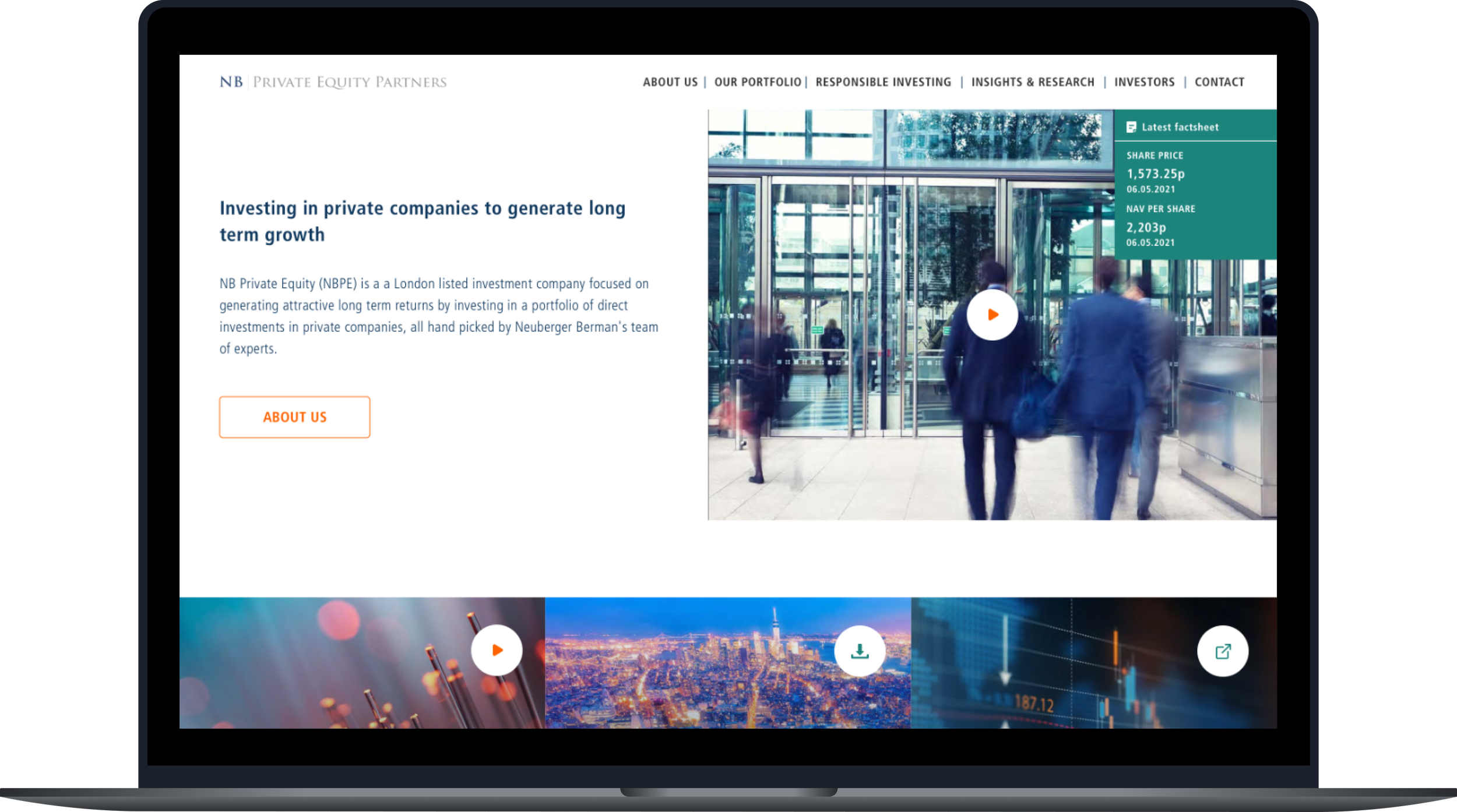 A section of a financial services website showcasing the latest factsheet with share price and NAV data, and a play button indicating a video, with a blurred background image of professionals walking through a glass building.