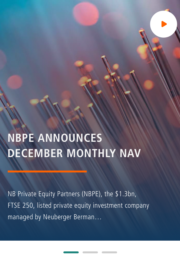 A promotional graphic for NB Private Equity Partners announcing the December monthly NAV with a play button icon, suggesting multimedia content, set against a background of optical fibers illuminated with bokeh effect.