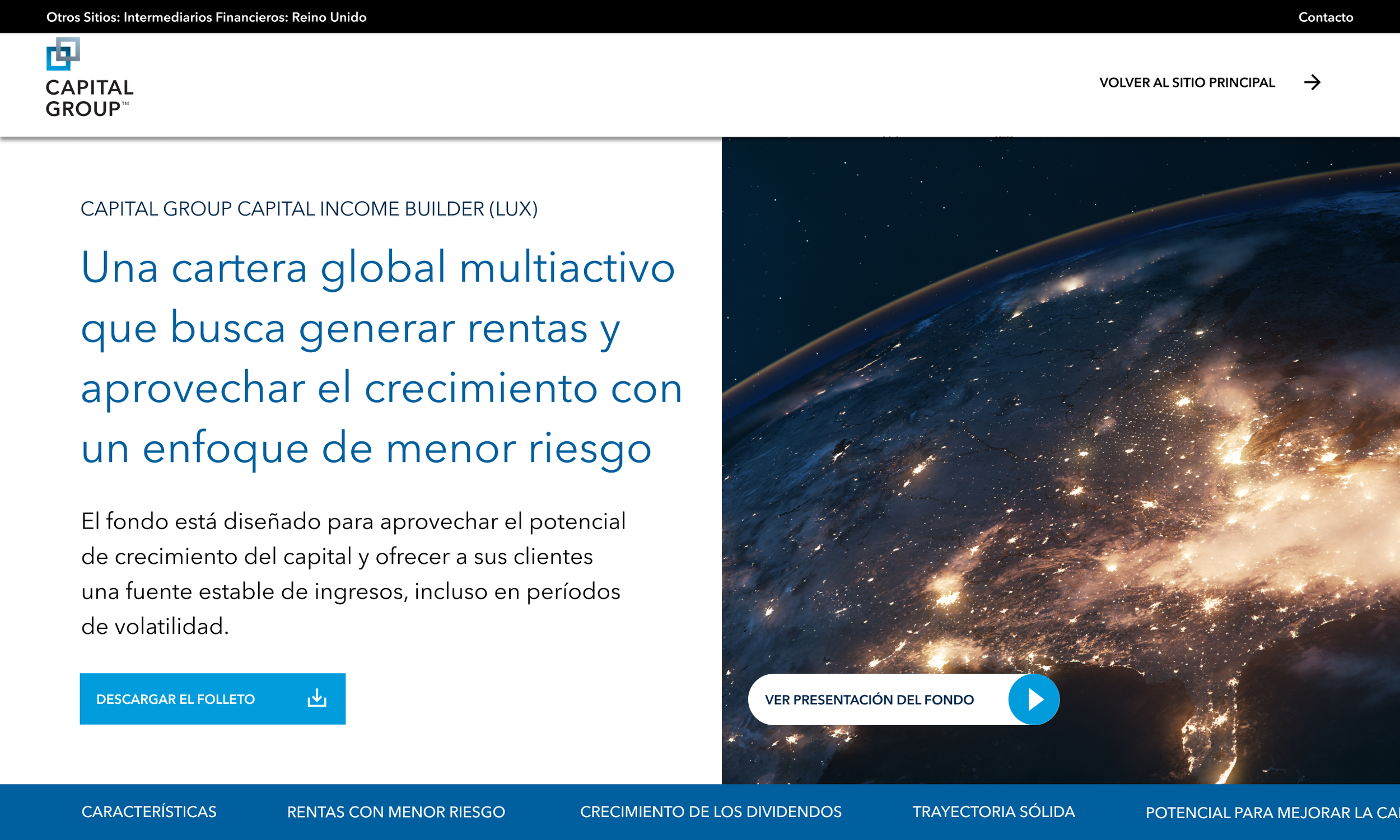 Spanish-language Capital Group Capital Income Builder fund page featuring Earth imagery, translated investment content, brochure download and navigation.