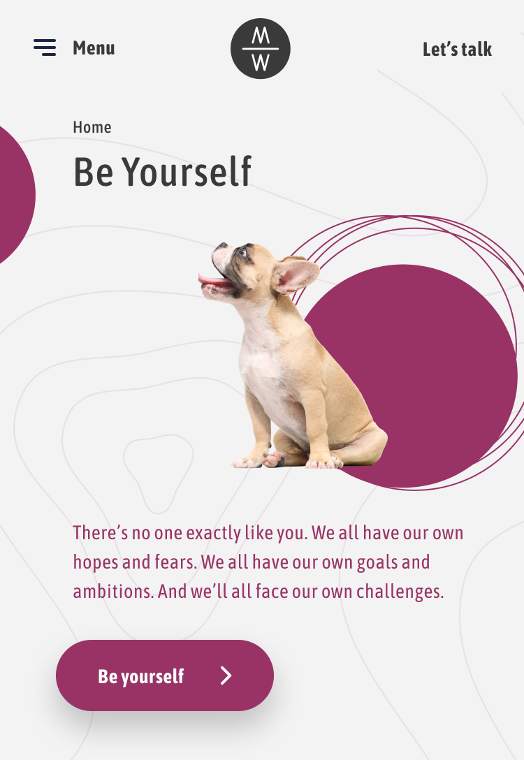 "Be Yourself" webpage segment showcasing a playful French bulldog looking upwards, with a bold magenta circle in the background. The page emphasizes individual uniqueness and personal financial planning