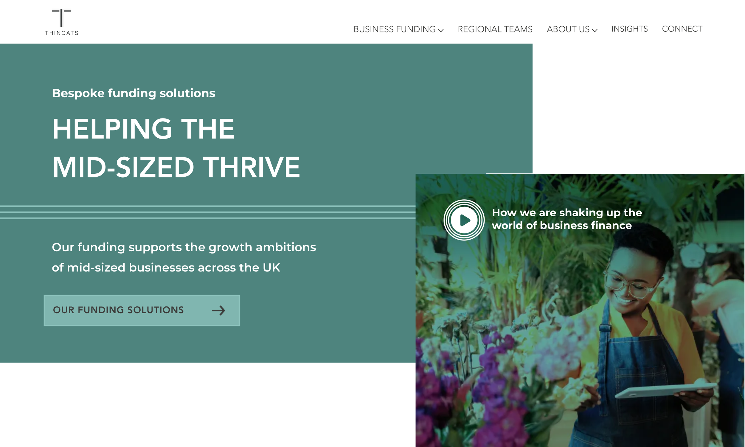 Desktop view of 'ThinCats' website's main page with a headline 'Helping the Mid-Sized Thrive', overlay on a vibrant image of a woman with a tablet in a garden center, and a call-to-action for funding solutions.
