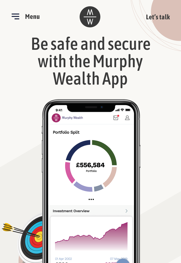 "Murphy Wealth App" promotional section on a webpage, featuring a smartphone displaying colorful financial graphs and a pie chart, adjacent to a dartboard with a bullseye, symbolizing financial target achievement.