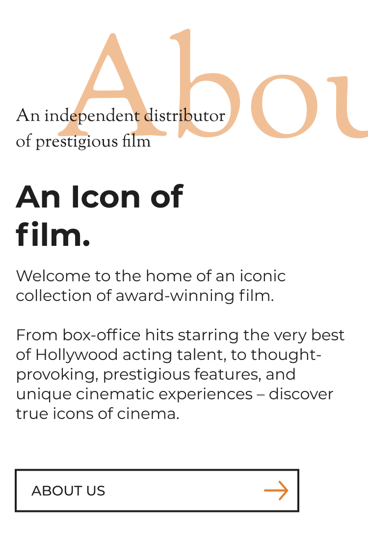 Web page section with a title 'About' describing Icon Film Distribution as an independent distributor of prestigious films and an iconic collection of award-winning cinema