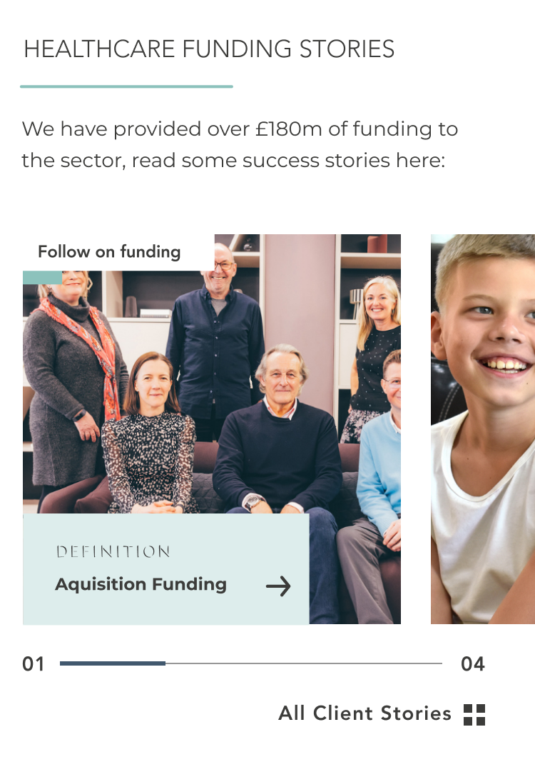 Overview of 'ThinCats' healthcare funding stories on mobile, stating over £180m of funding provided, with images of happy clients and children, prompting to 'Follow on funding'.