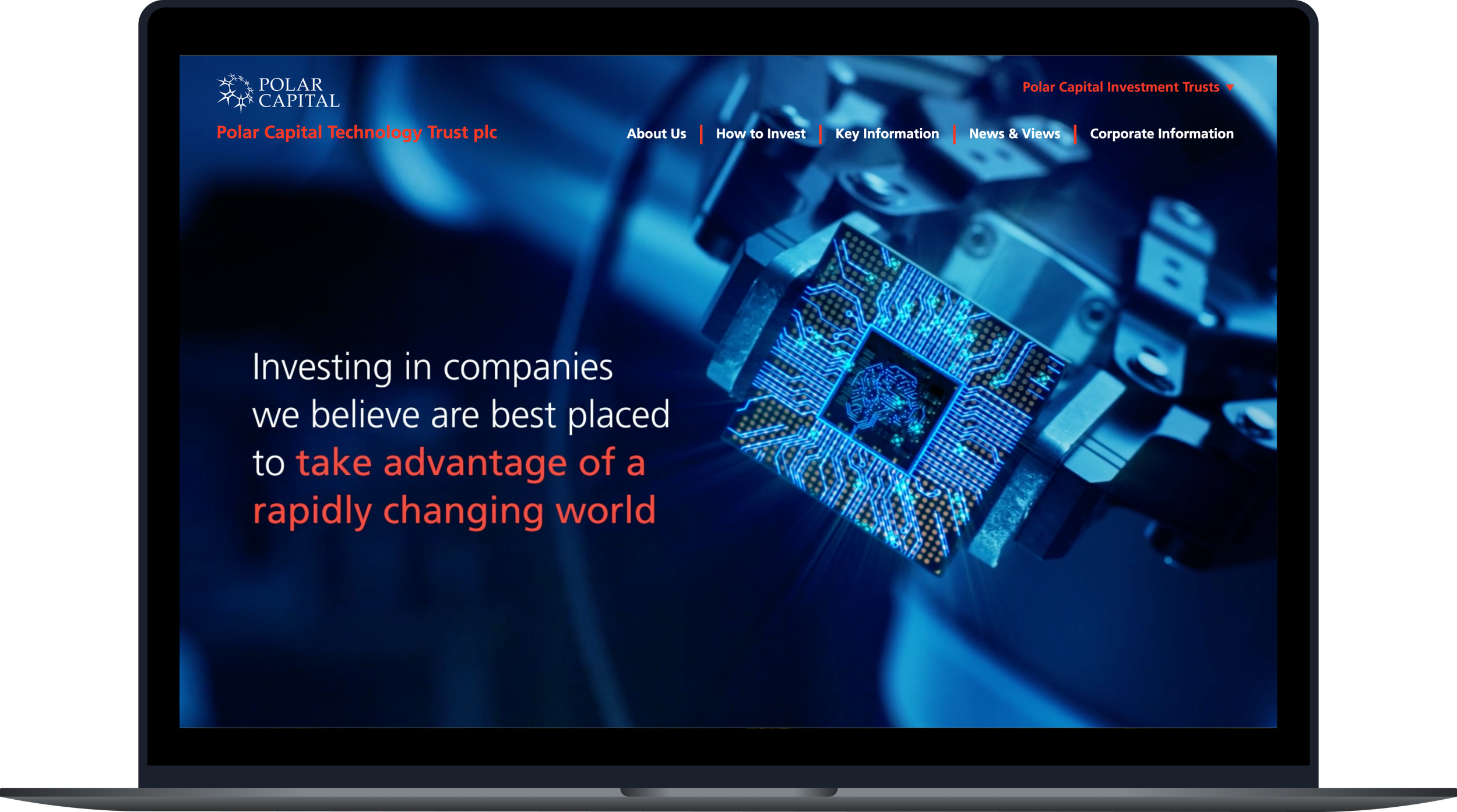 Image of a laptop screen displaying the homepage of Polar Capital Technology Trust plc, focusing on investment in technology companies, featuring a striking visual of microchip circuitry.
