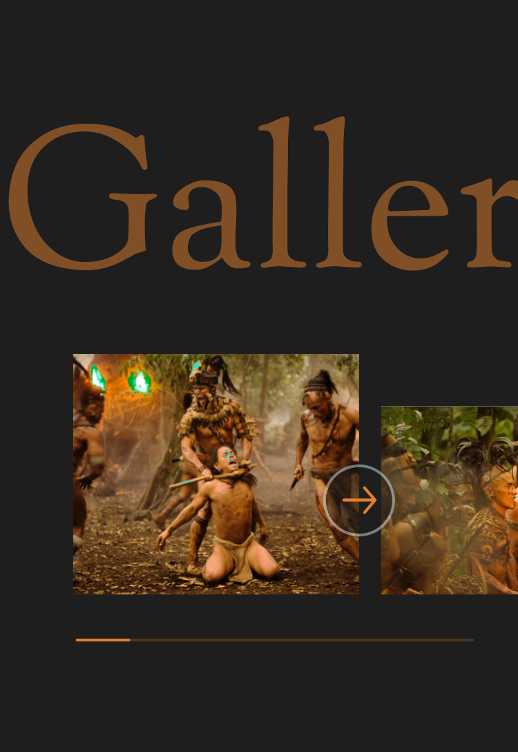 Web page section titled 'Gallery' with a navigation arrow, showing a thumbnail from Apocalypto of indigenous people in traditional attire engaging in what appears to be a ritual dance.