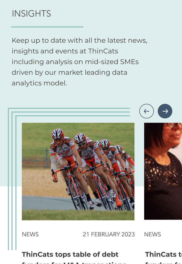 A mobile screen view of 'ThinCats' insights section, providing updates on the latest news and events, featuring a cycling team in action and a woman's portrait, representing diverse company activities.