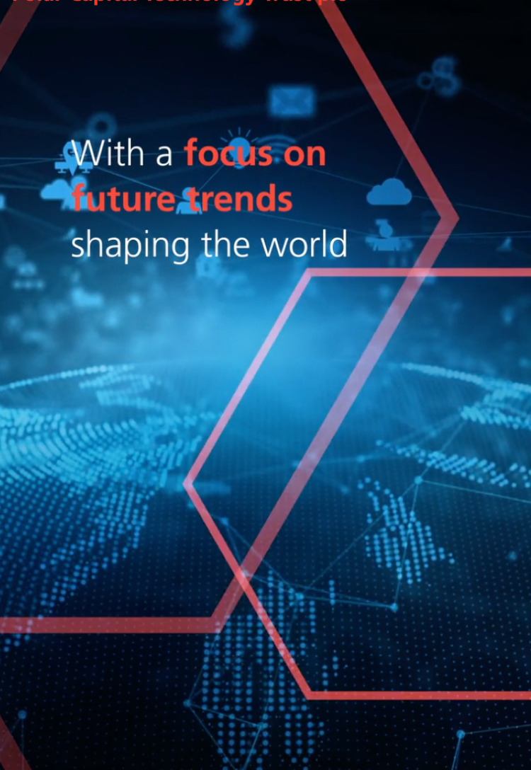 Close-up of a web design element highlighting future trends in technology, with a dynamic red overlay on a digital network background.