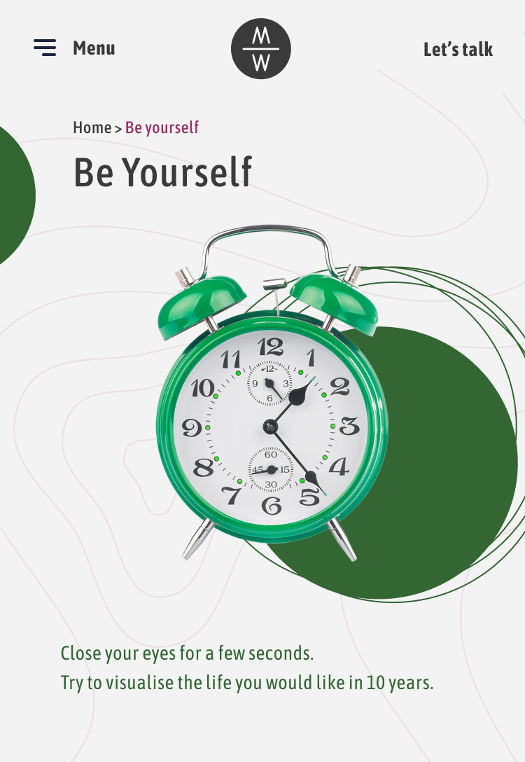 Be Yourself" webpage section with a central image of a green alarm clock, emphasizing the concept of envisioning your life in a decade. The background is minimalistic with abstract green shapes