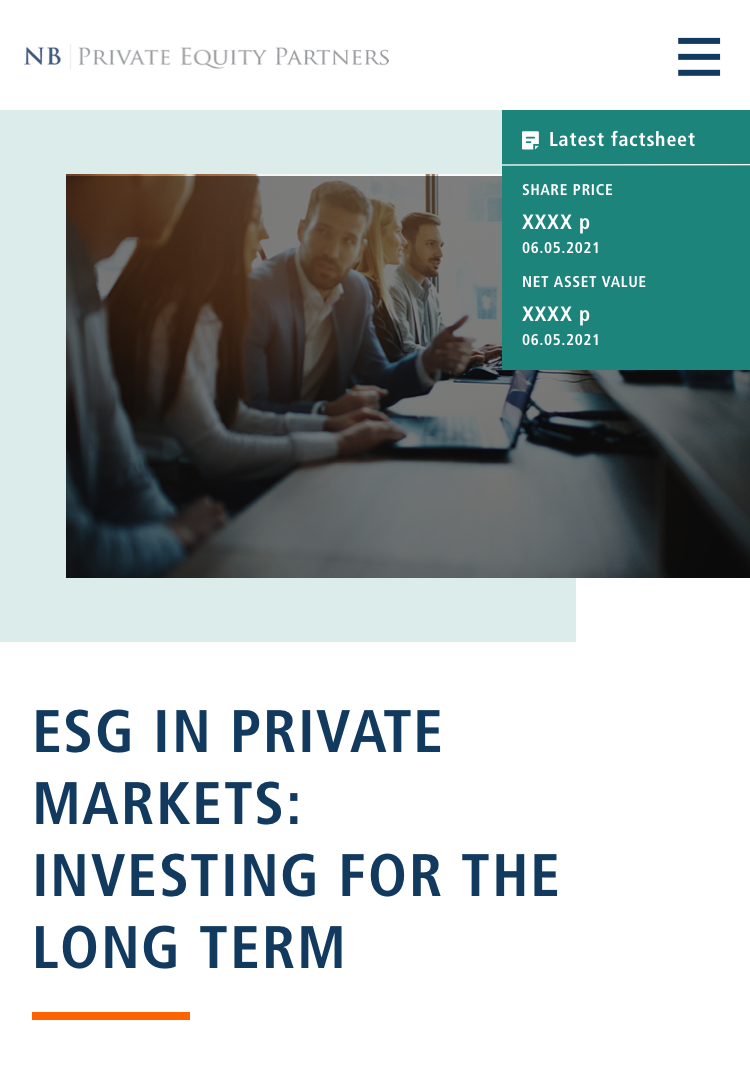 business webpage header with the NB Private Equity Partners logo, featuring a factsheet link and share price information, followed by a title reading "ESG IN PRIVATE MARKETS: INVESTING FOR THE LONG TERM" with a blue tinted image of a business meet