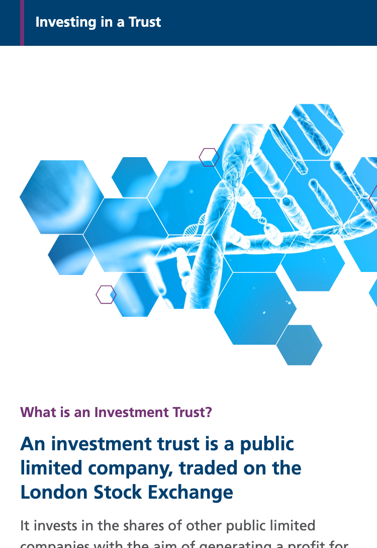 Web page graphic design for 'Investing in a Trust' with a blue hexagonal structure overlaying DNA strands, representing the merger of investment and biotechnology.