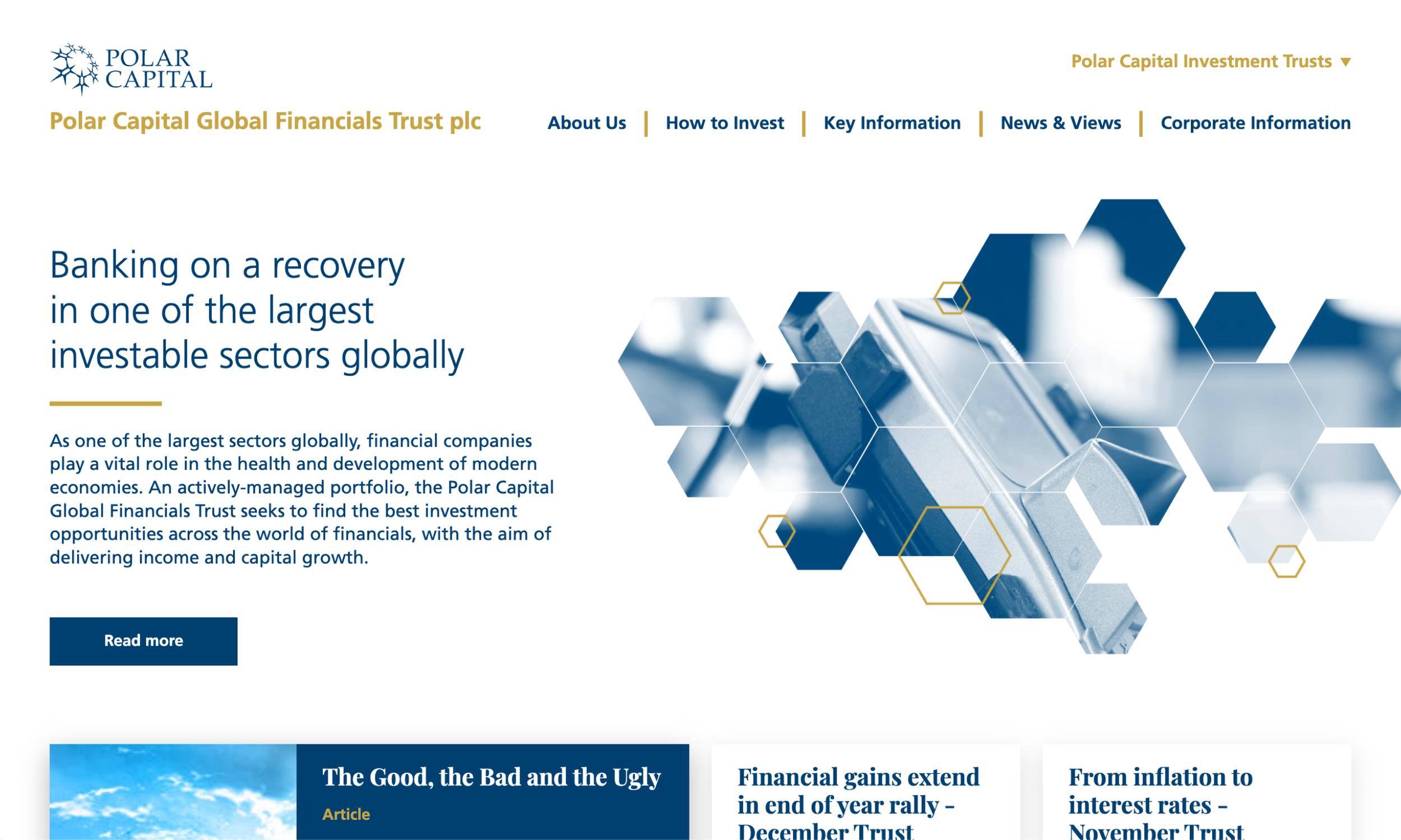 Web page design of Polar Capital Financials Trust plc, featuring a title stating 'Banking on a recovery in one of the largest investable sectors globally' with a backdrop of geometric shapes.