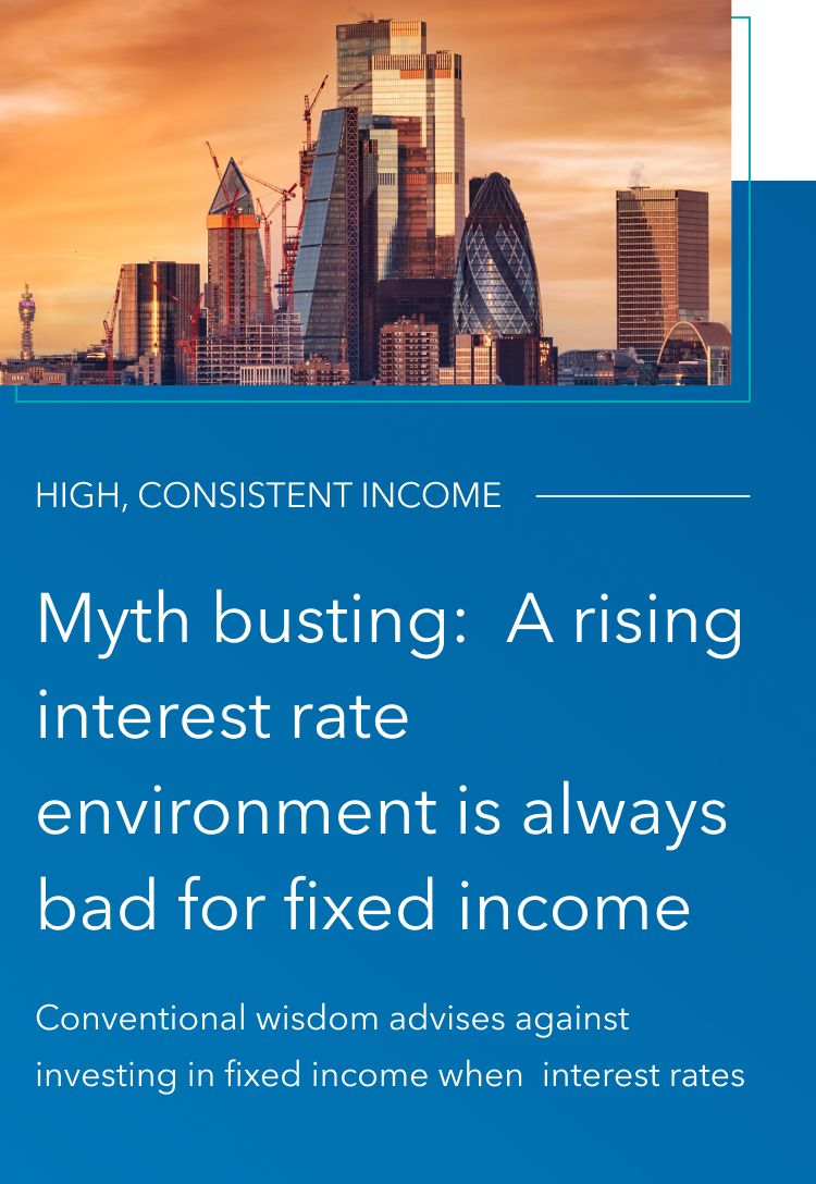 A cityscape during sunset with modern buildings, including the Gherkin in London. Text on the image reads "Myth busting: A rising interest rate environment is always bad for fixed income," suggesting a discussion on investment strategy.