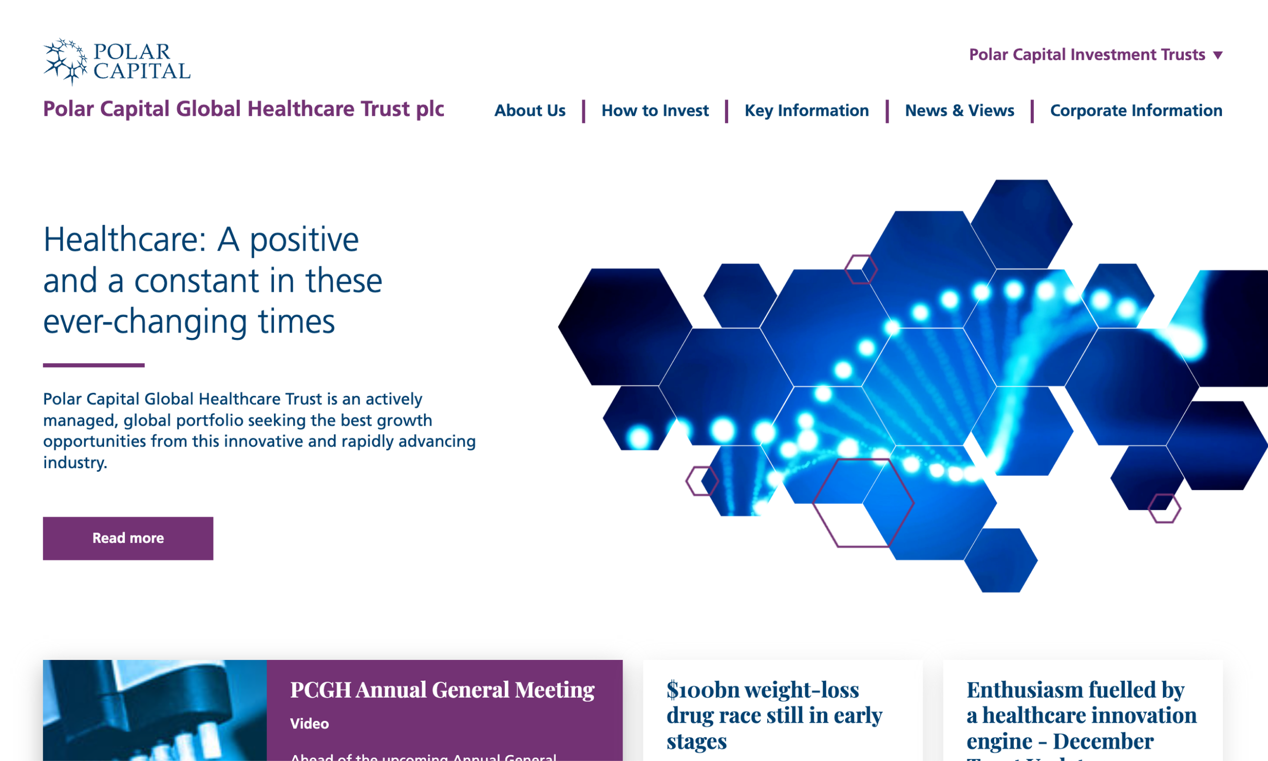 Layout for Polar Capital Global Healthcare Trust plc's web page with a headline 'Healthcare: A positive and a constant in these ever-changing times', complemented by hexagonal patterns and glowing lights.
