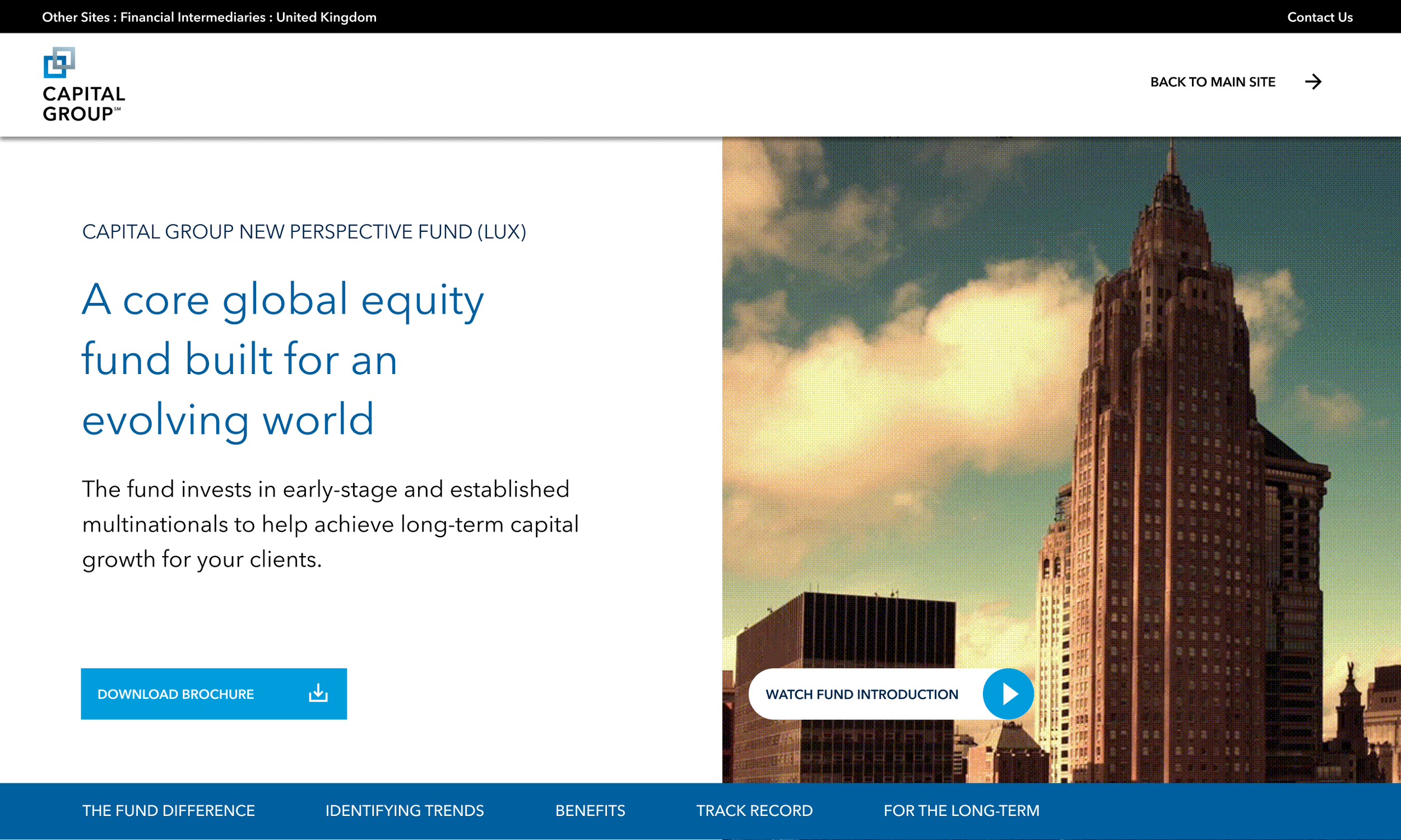A wide-screen layout of Capital Group's promotional material with a cityscape and highways, featuring text about the Global High Income Opportunities fund and a download brochure button.