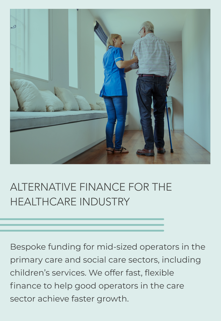 Mobile screen image from 'ThinCats' highlighting alternative finance for the healthcare industry, with a nurse assisting an elderly man with a walking stick, emphasizing bespoke funding for care sectors.