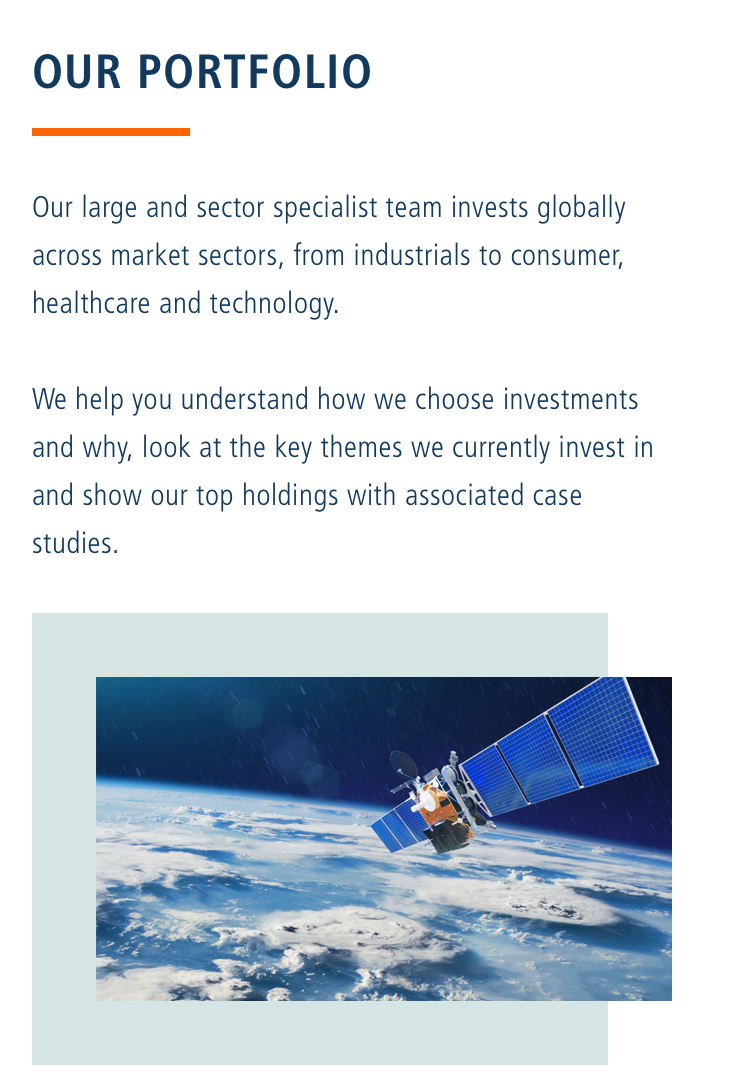 An information section titled "OUR PORTFOLIO" describing the global investment sectors covered by the team, with a photo of a satellite orbiting Earth, illustrating the scope of their technological investments.