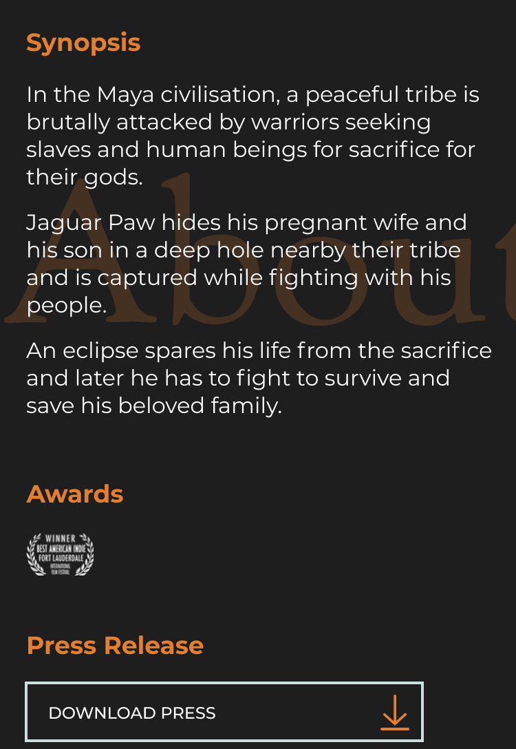 Synopsis section for Apocalypto on a web page, detailing the plot about a peaceful Maya tribe attacked by warriors seeking slaves for sacrifice, with Jaguar Paw's story of survival and protecting his family highlighted.