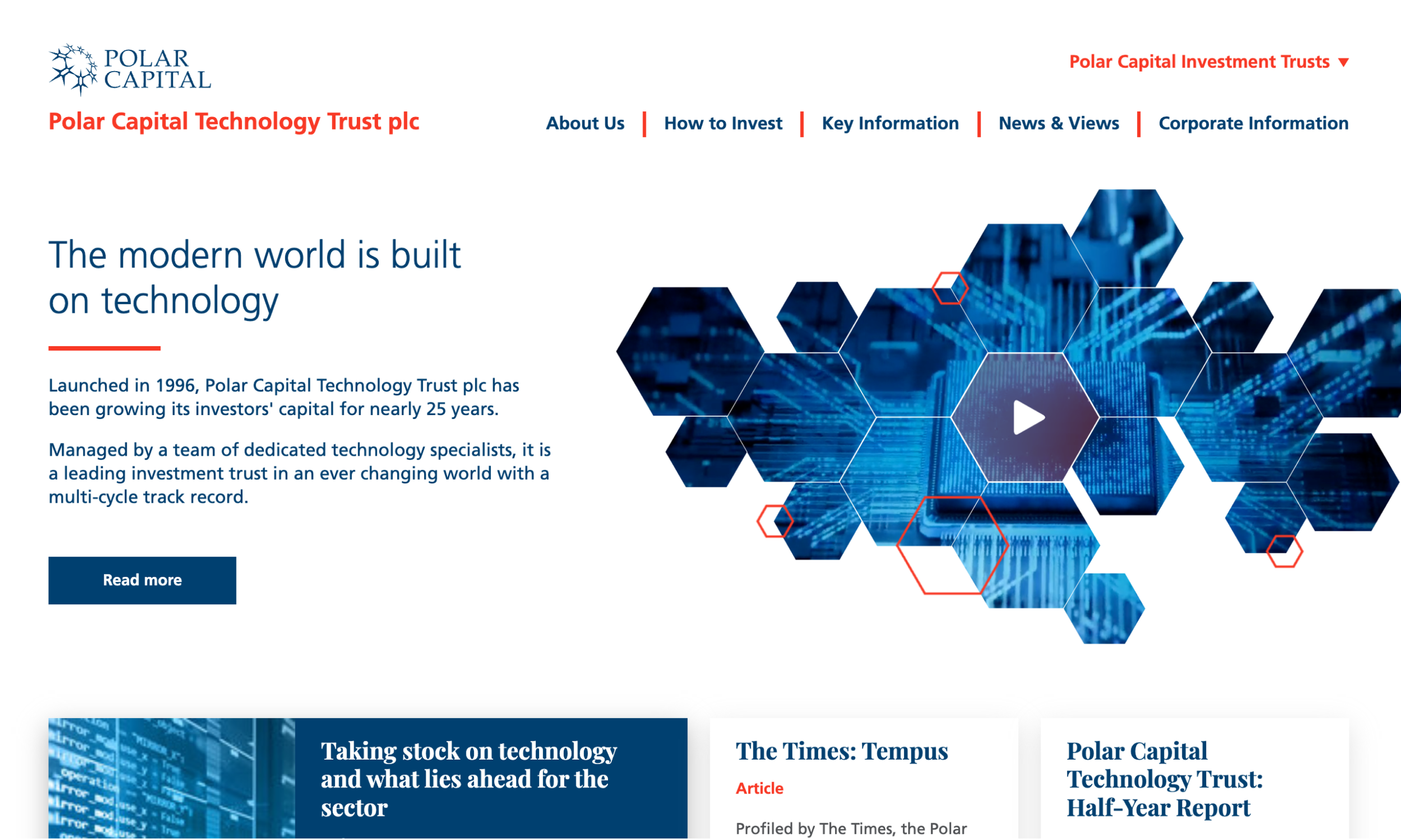 Homepage design for Polar Capital Technology Trust plc, stating 'The modern world is built on technology', with a backdrop of blue digital patterns and a central play button.