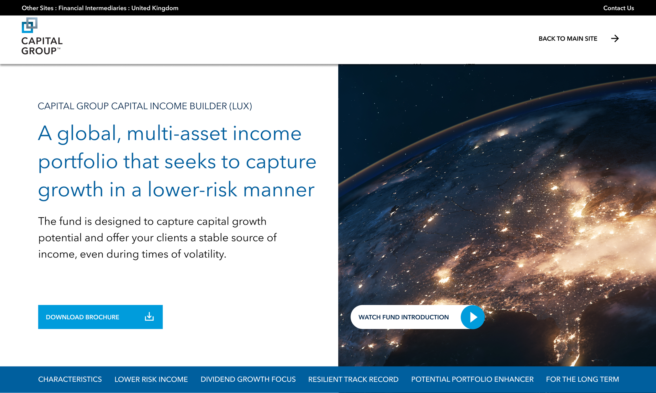 A panoramic night view of Earth from space with a promotional message for the Capital Group Capital Income Builder (LUX), a multi-asset income fund.