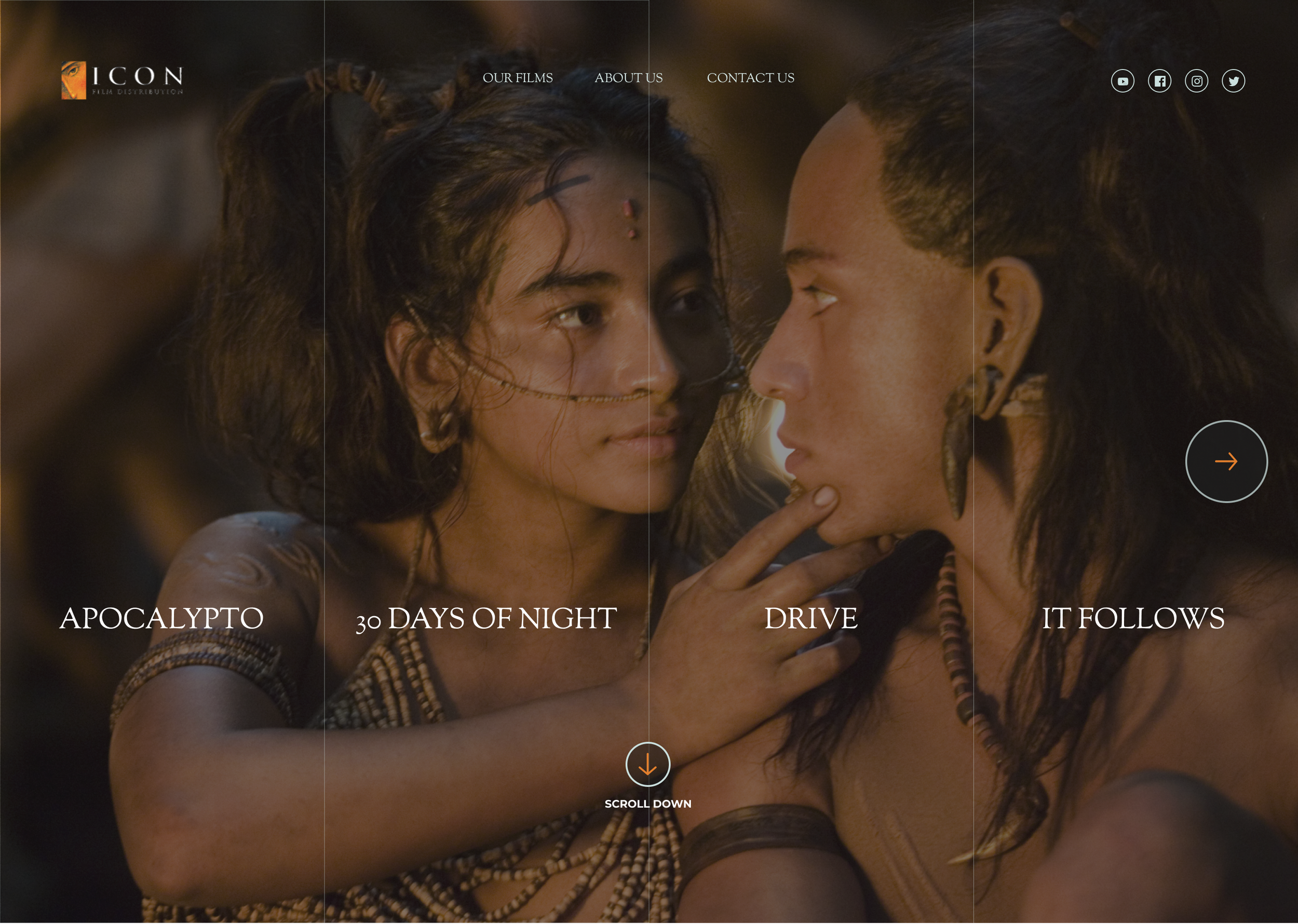 Sophisticated film distribution website homepage design featuring cinematic stills and a clean navigation interface by a digital designer.