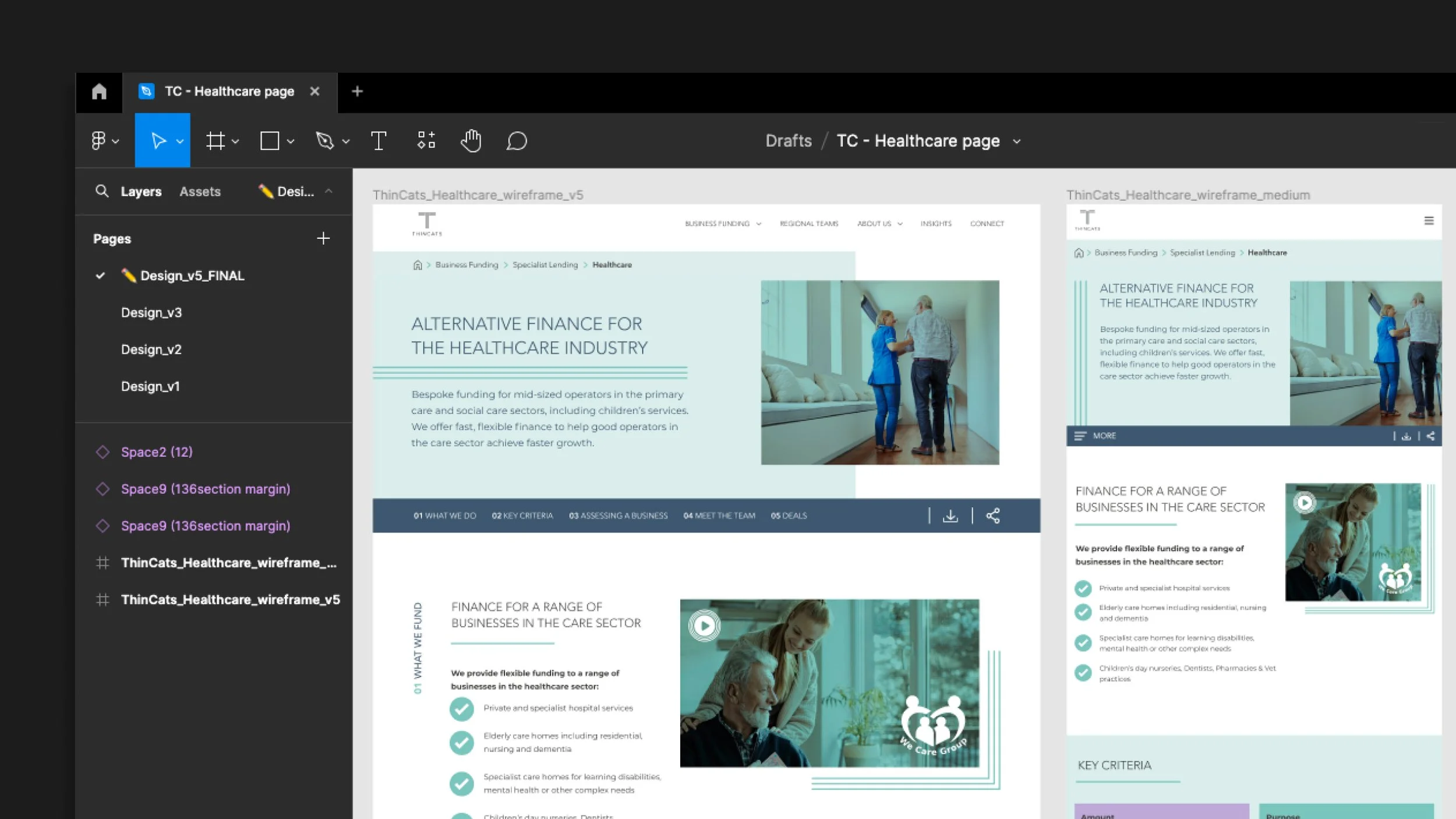 A Figma close-up showing different device screens from ThinCats.