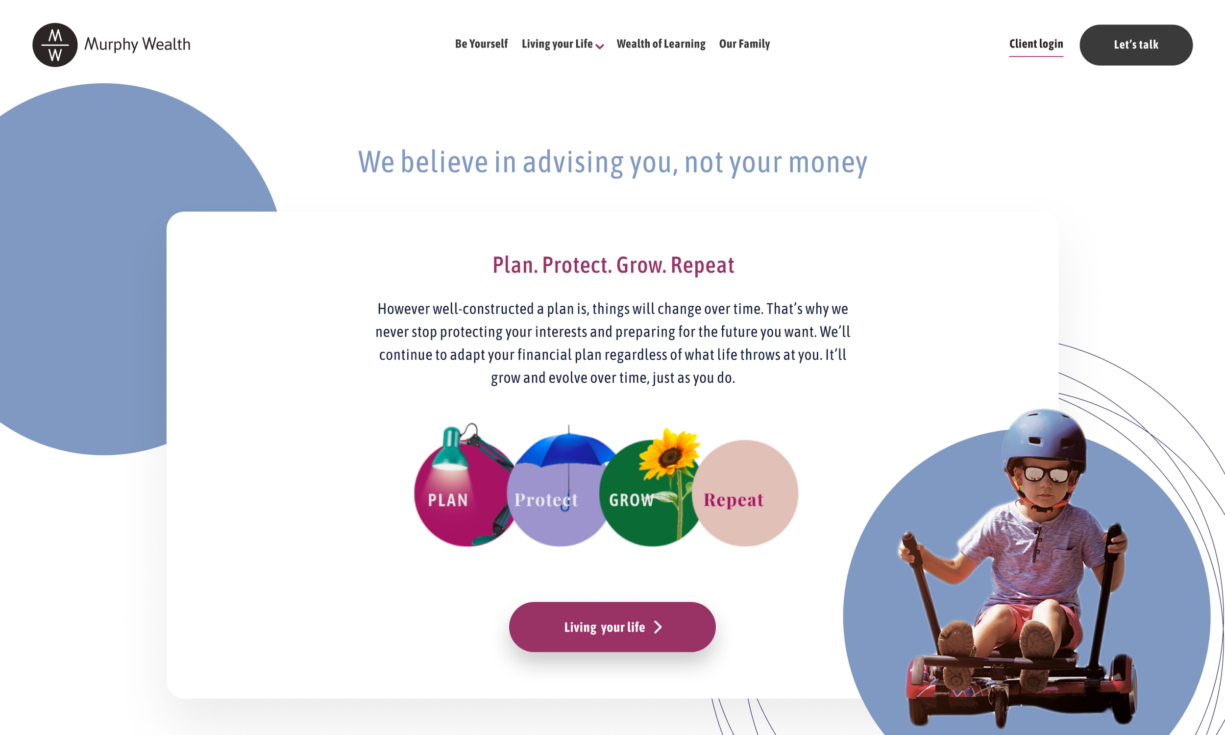 Webpage section titled "Plan. Protect. Grow. Repeat" featuring a cycle of life stages represented by colorful icons, including a child on a homemade go-kart, illustrating the concept of evolving financial plans