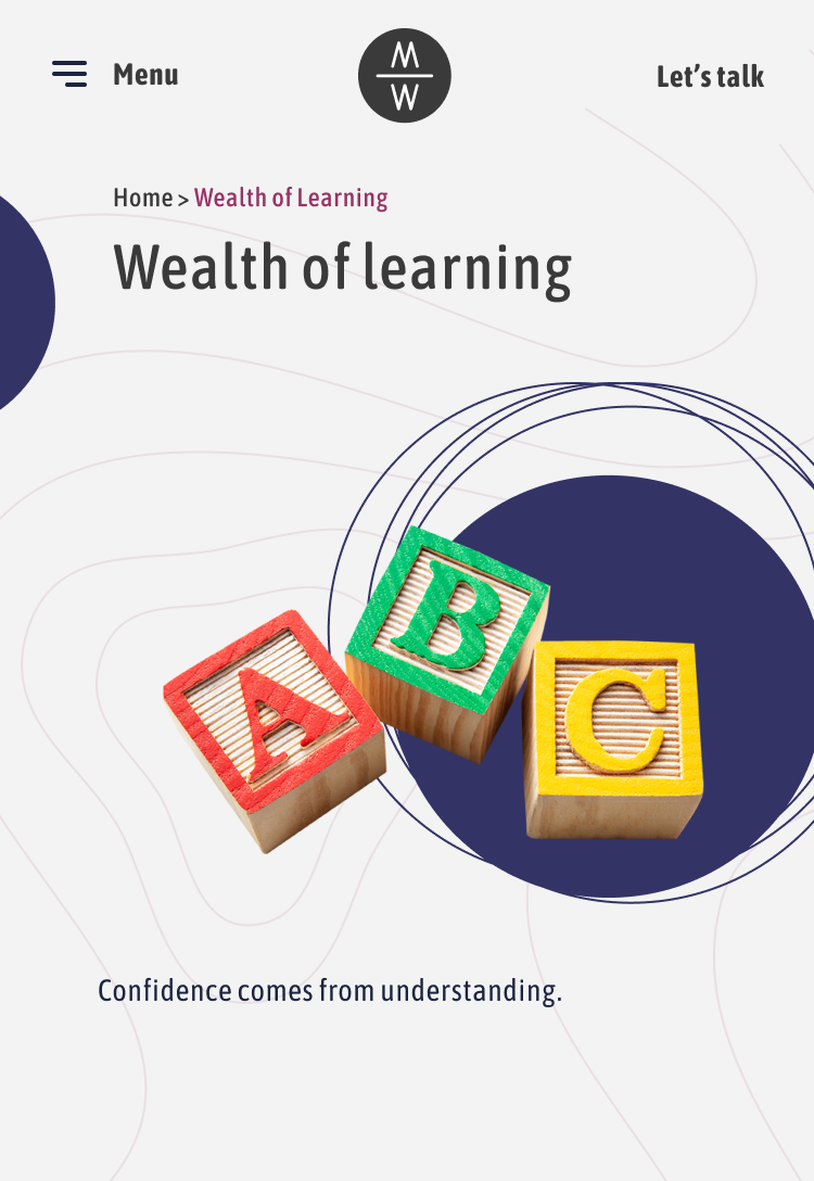 "Wealth of Learning" webpage section showing colorful alphabet blocks A, B, C, implying foundational knowledge in financial literacy and decision-making.