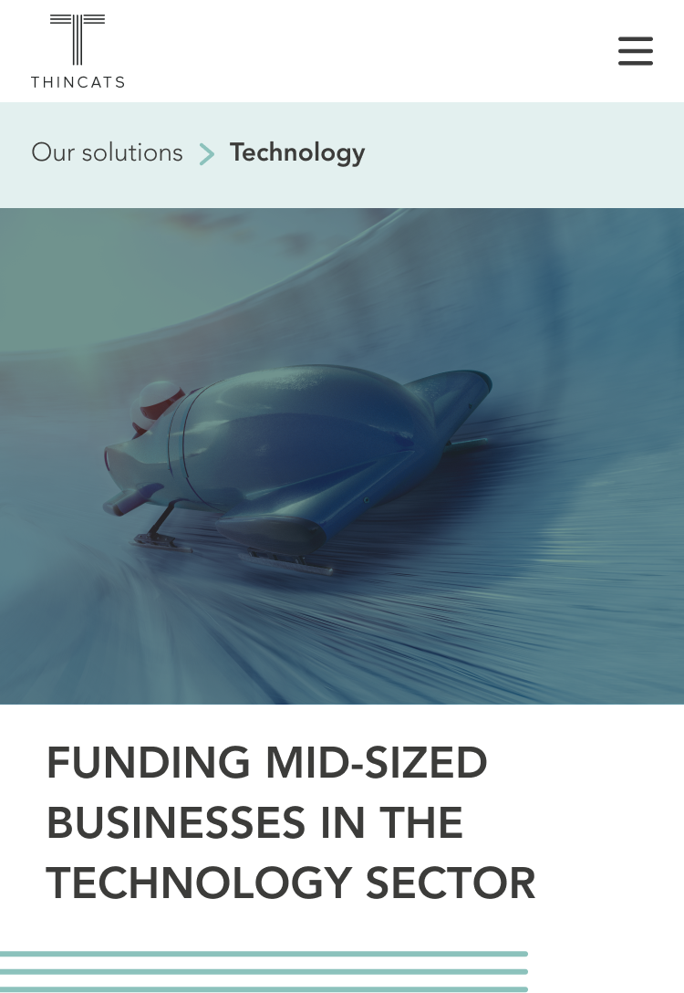 Mobile screen view of 'ThinCats' solutions page for the technology sector, showing a futuristic vehicle speeding on a track, with a headline about funding mid-sized technology businesses.
