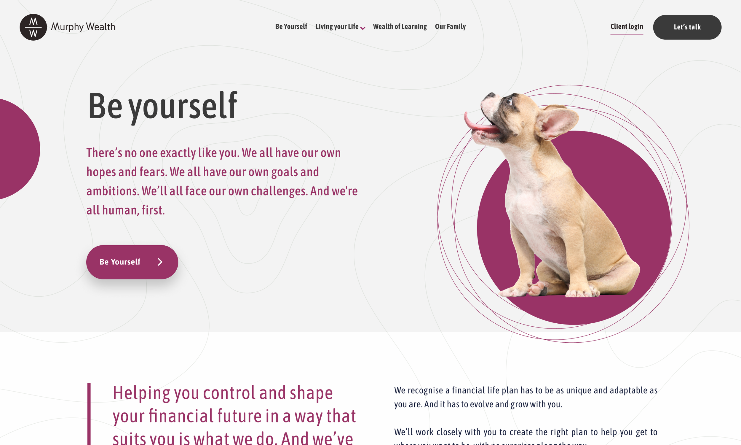 "Be Yourself" webpage segment showcasing a playful French bulldog looking upwards, with a bold magenta circle in the background. The page emphasizes individual uniqueness and personal financial planning