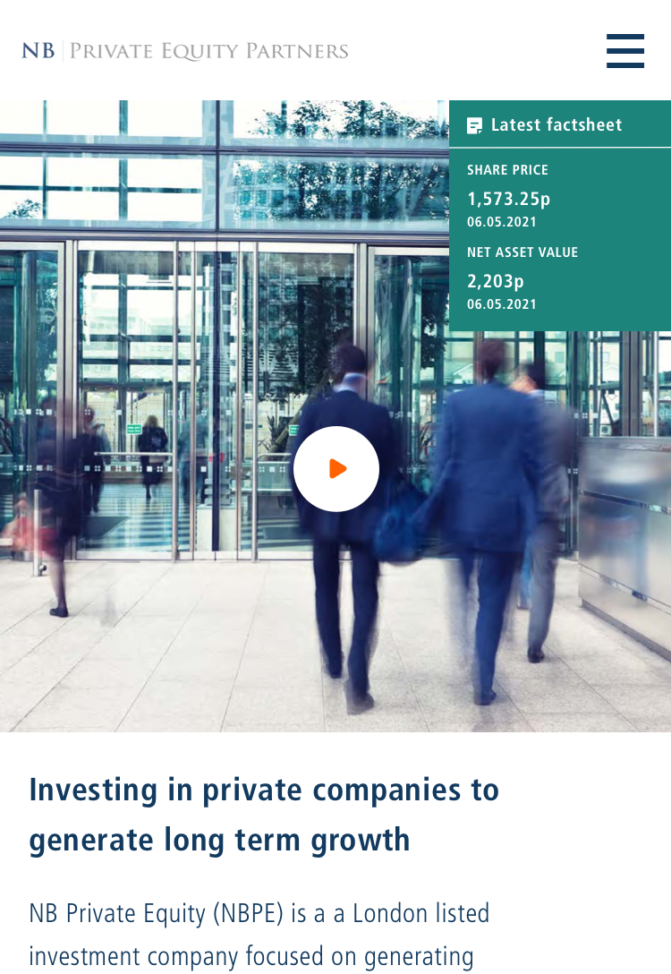 A section of a financial services website showcasing the latest factsheet with share price and NAV data, and a play button indicating a video, with a blurred background image of professionals walking through a glass building.