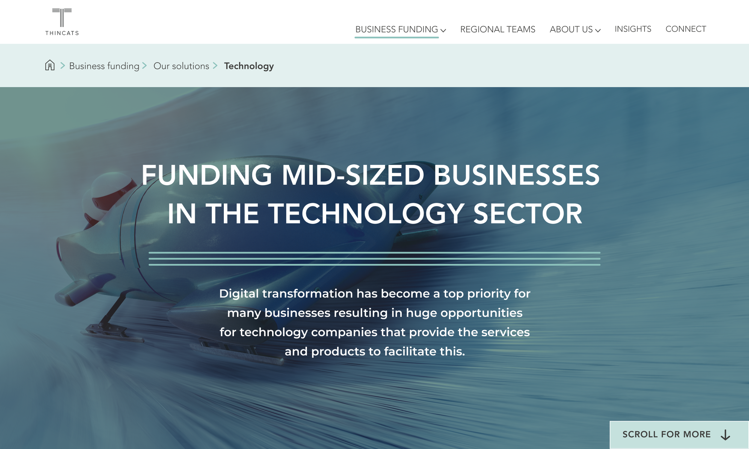 Wide screen view of 'ThinCats' website section on funding for technology businesses, with a blue-toned image of a sleek, high-speed vehicle on a track, symbolizing technological advancement.