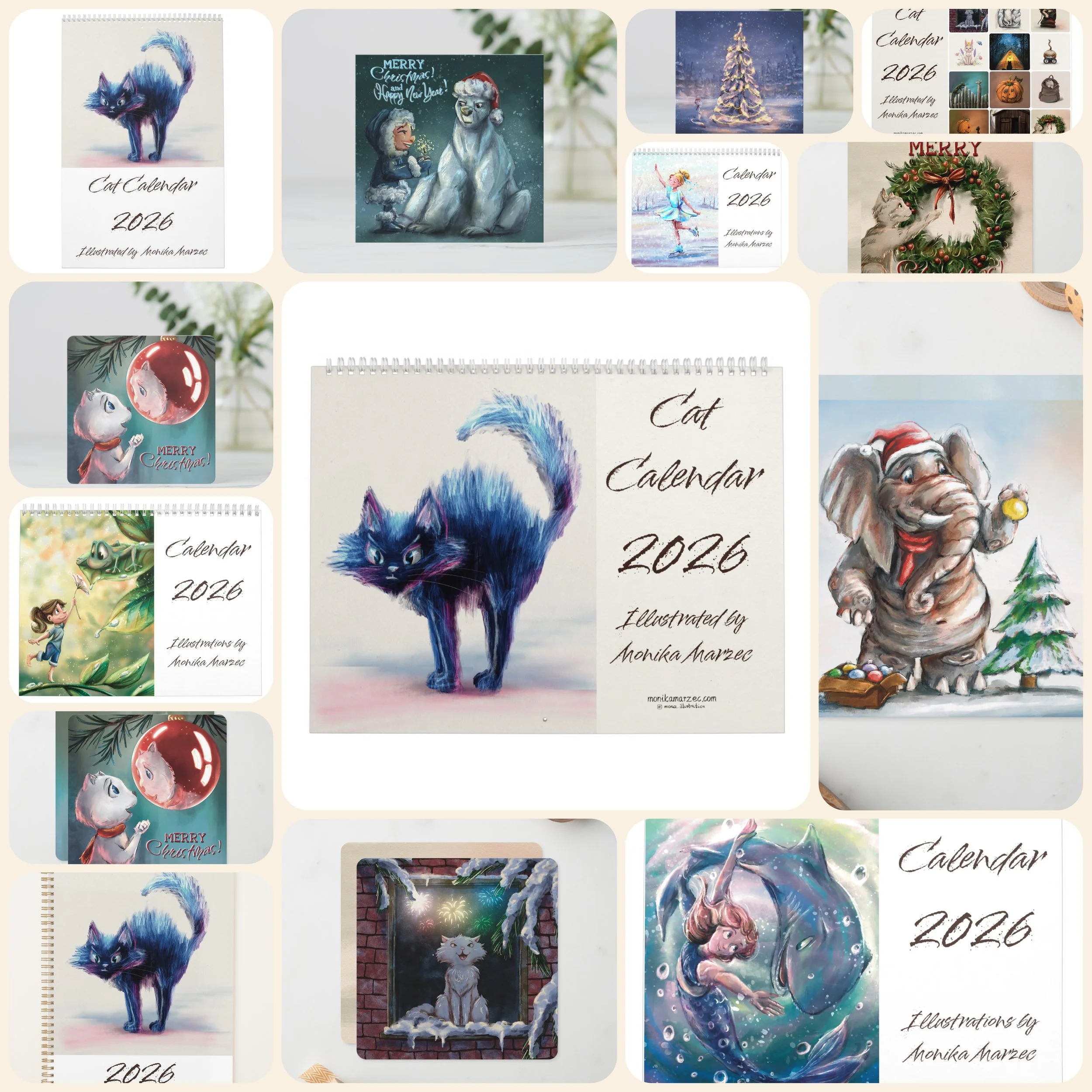 Collection of illustrated 2026 calendars featuring cats, a dog, a girl, a mermaid, and holiday themes, with festive and winter backgrounds.