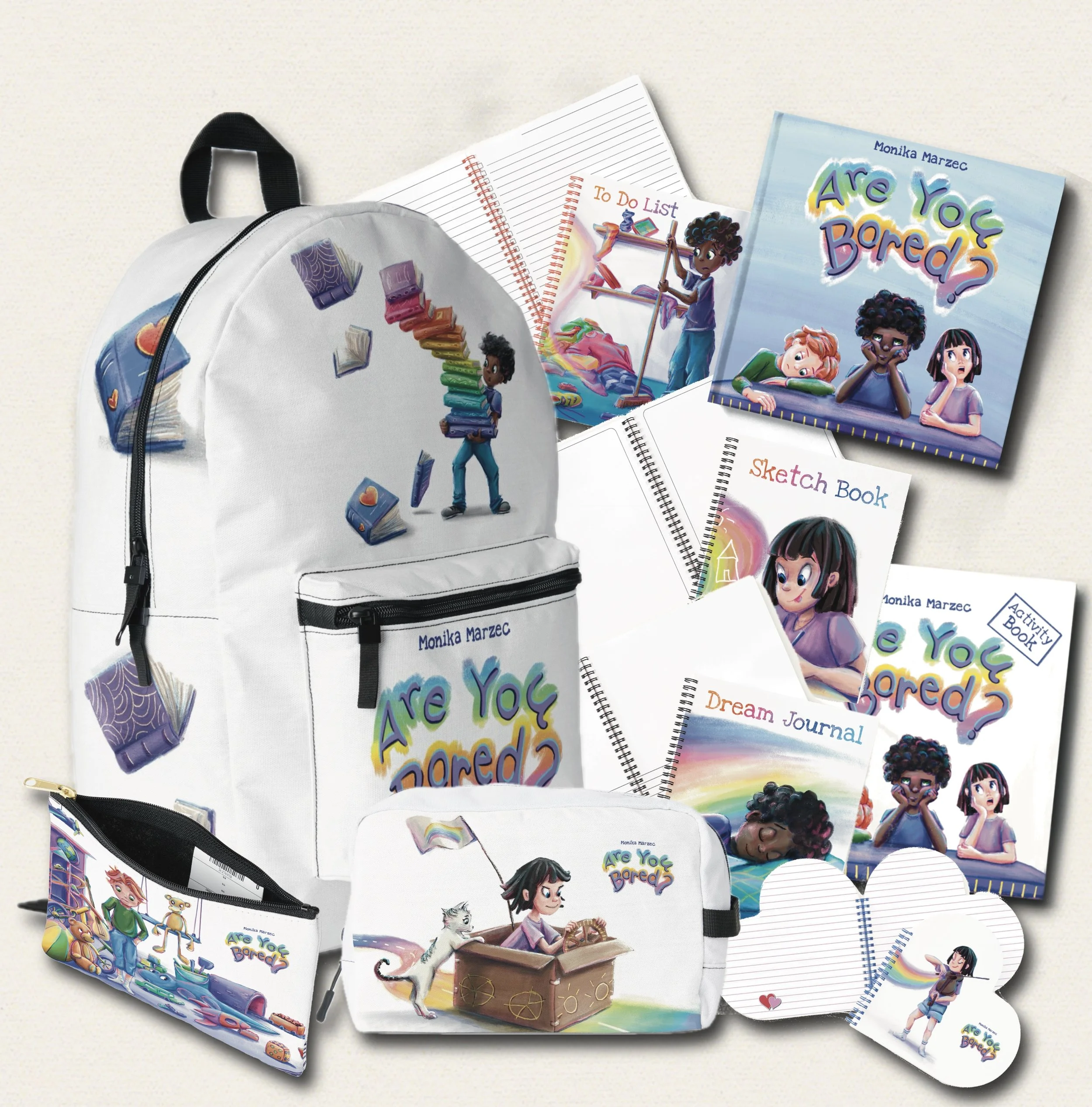 Collection of school supplies and books featuring a girl, a girl with a rainbow, and a girl with a cat, all themed around the book series 'Are You Bored?'. Includes backpack, pencil cases, notebooks, sketchbook, activity book, and journal, all with colorful illustrations.