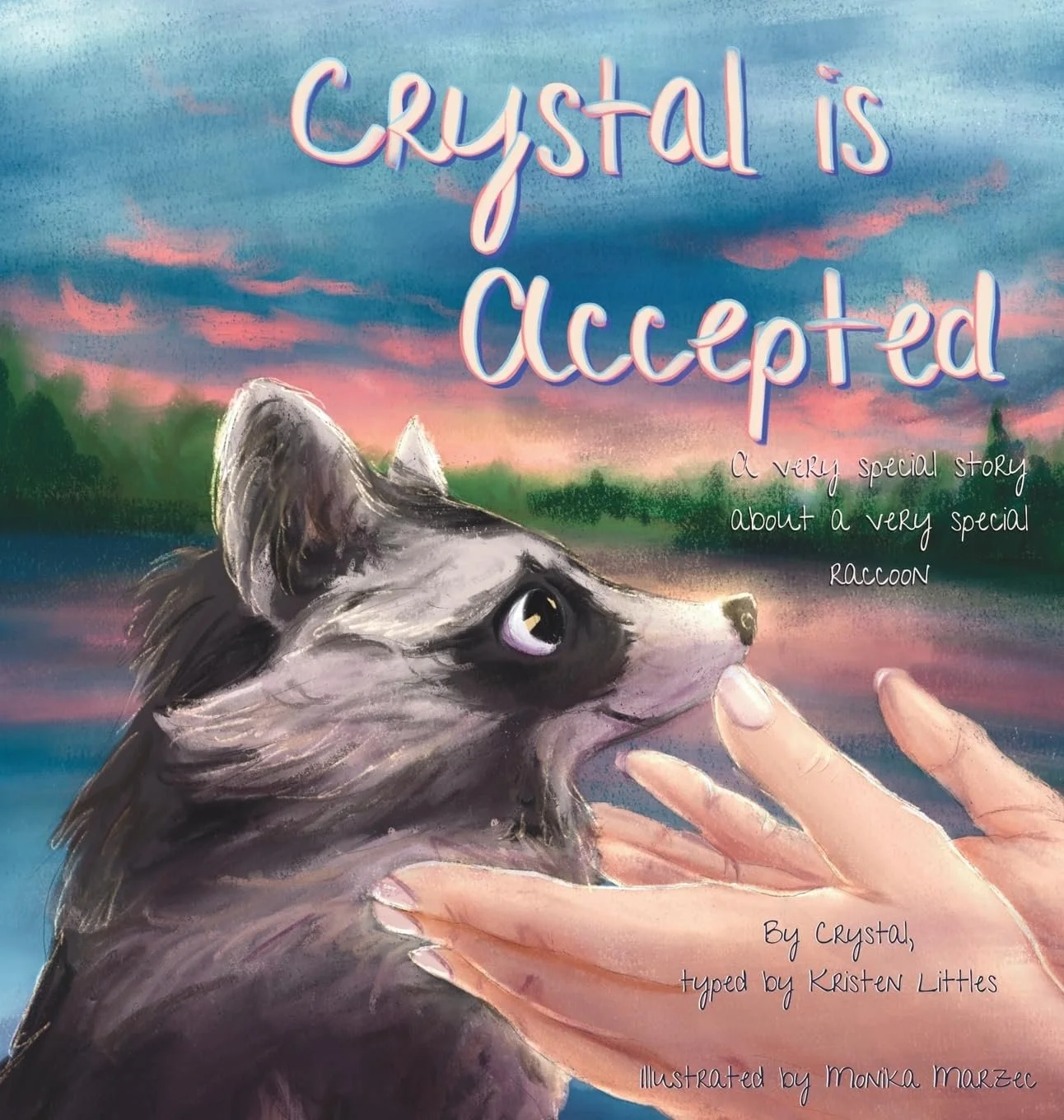 The cover of a children's book titled "Crystal is Accepted" featuring an illustrated raccoon and human hand against a sunset sky background.