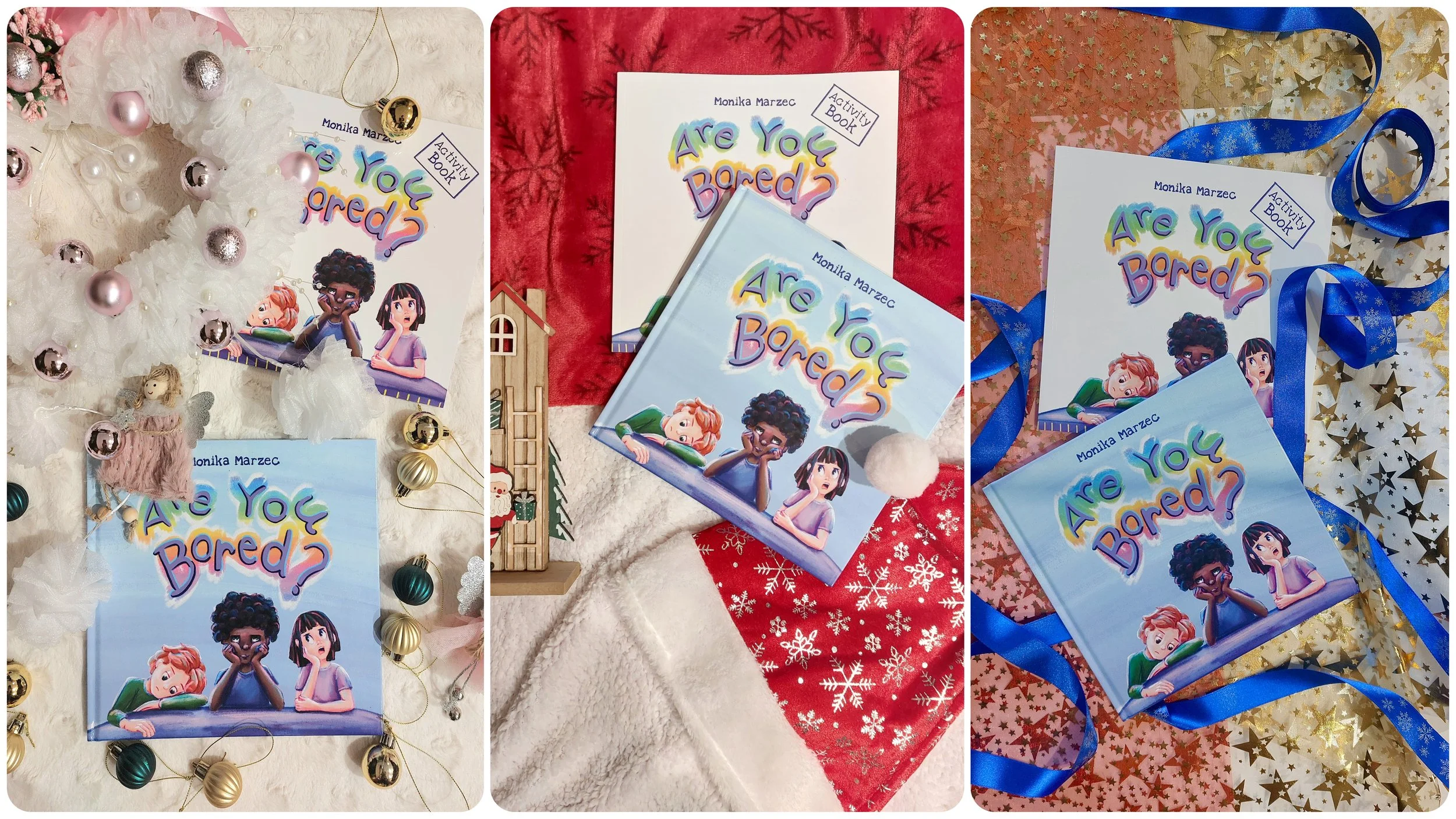 Three sets of books titled 'Are You Bored?' by Monika Marzec, displayed with holiday-themed decorations such as Christmas ornaments, ribbons, snowflake-patterned cloth, and gift wrapping.