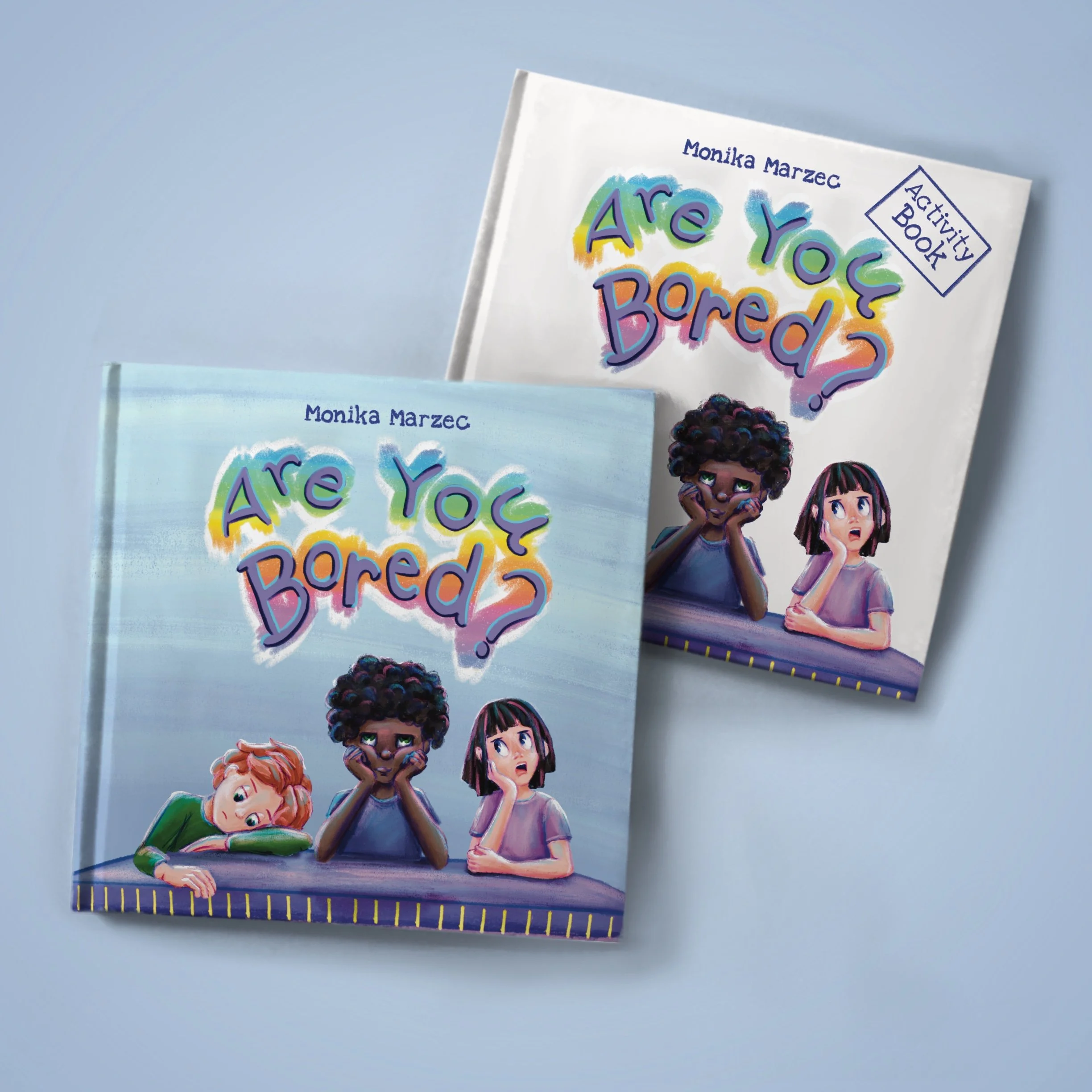 Two books titled "Are You Bored?" by Monika Marzec, featuring colorful illustrations of three children with different expressions sitting at a table.