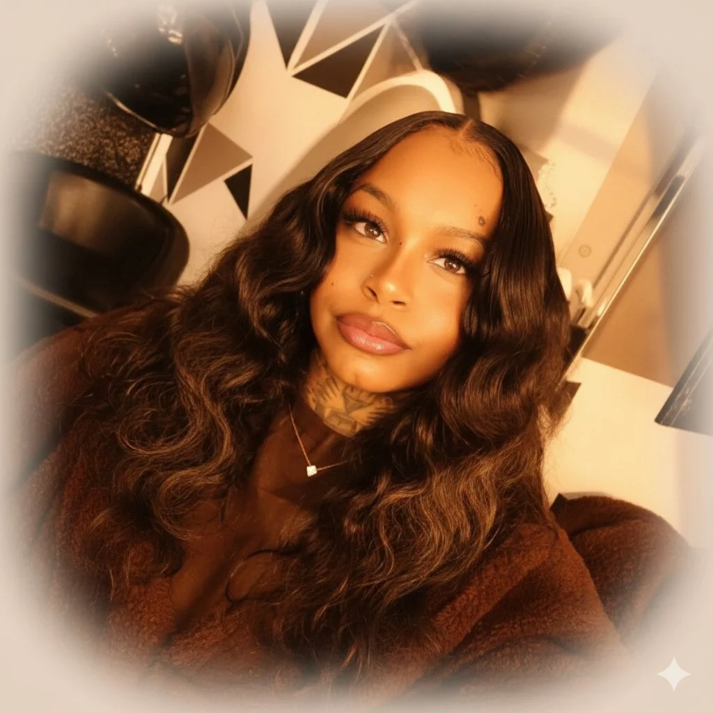 Portrait of Brooksie the owner with long black hair, wearing makeup including eye shadow and lipstick.