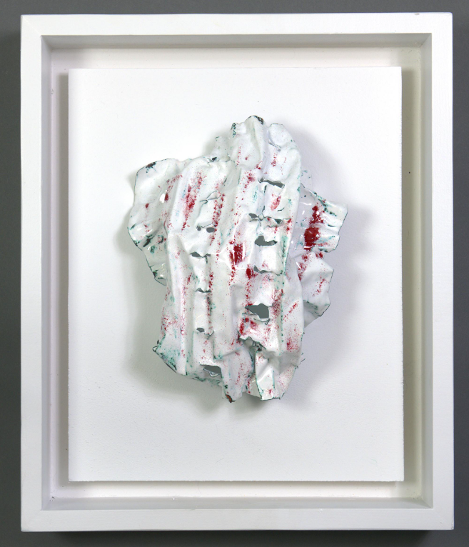 Bright white with crimson red lines vertically juxtaposed to the horizontal cuts in the sculpture. 2023,  Size: 19” H x 16” W x 3.5” D